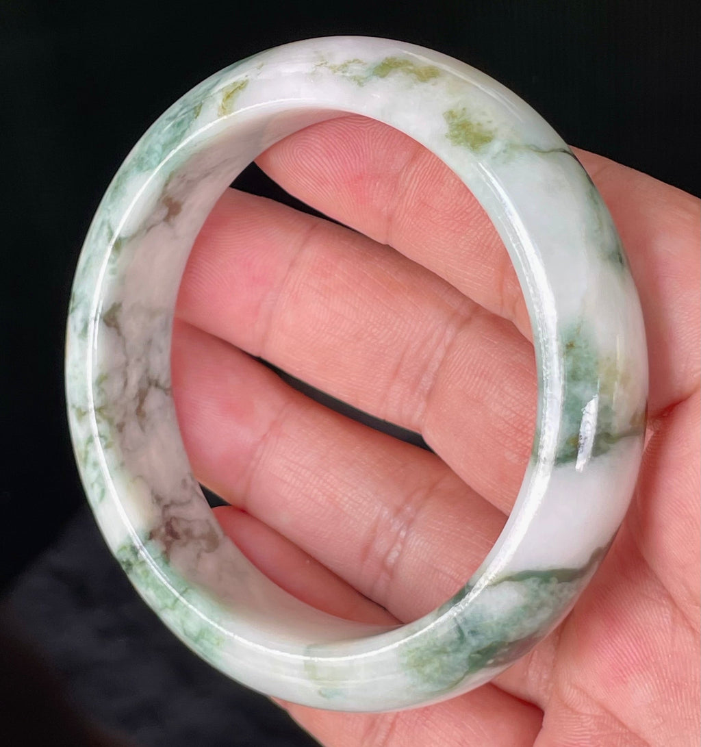Natural Grade A Certified Burmese Jadeite Jade Bangle – Icy Imperial & Apple Green, Milky White – 57.8mm – JB877