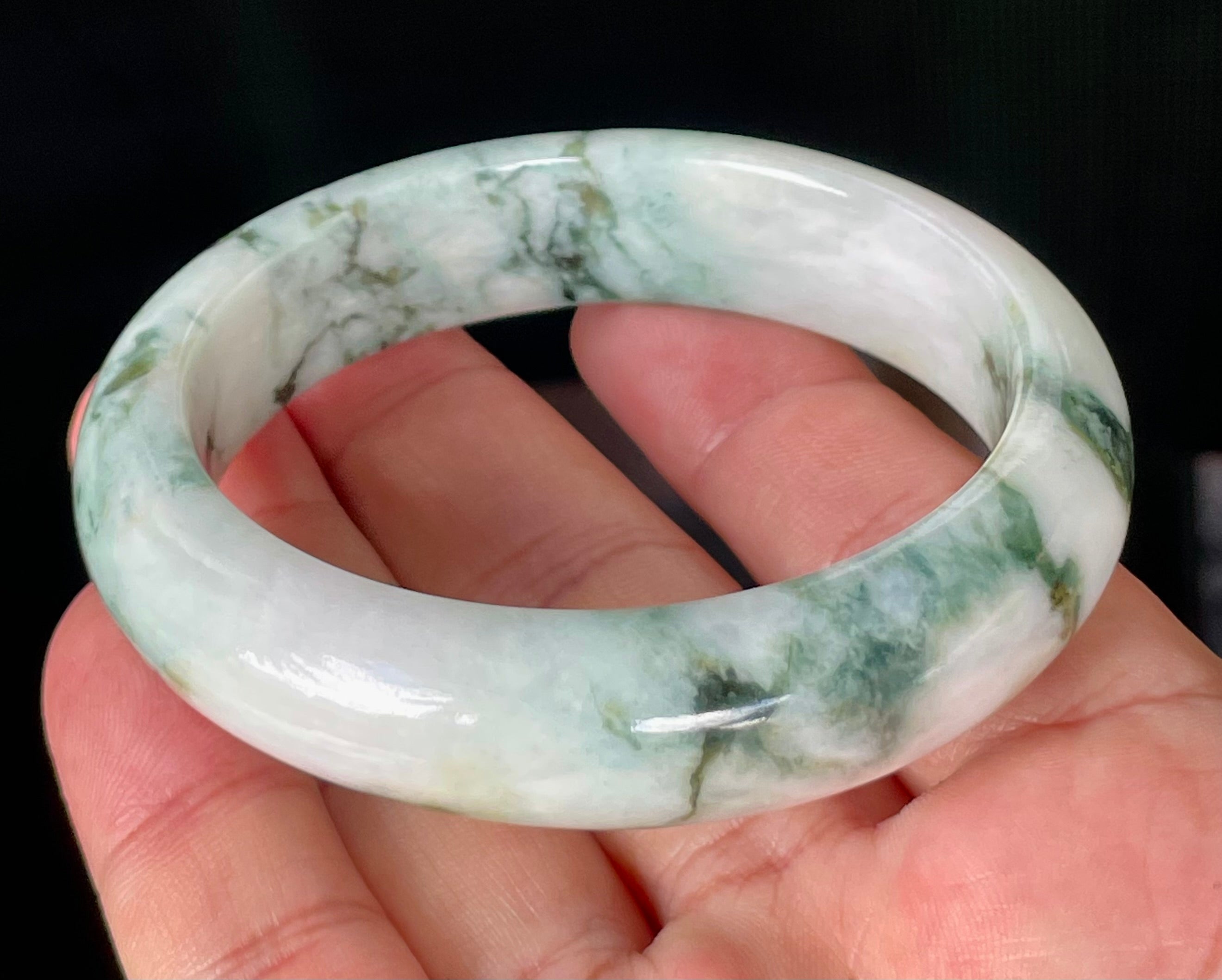 Natural Grade A Certified Burmese Jadeite Jade Bangle – Icy Imperial & Apple Green, Milky White – 57.8mm – JB877