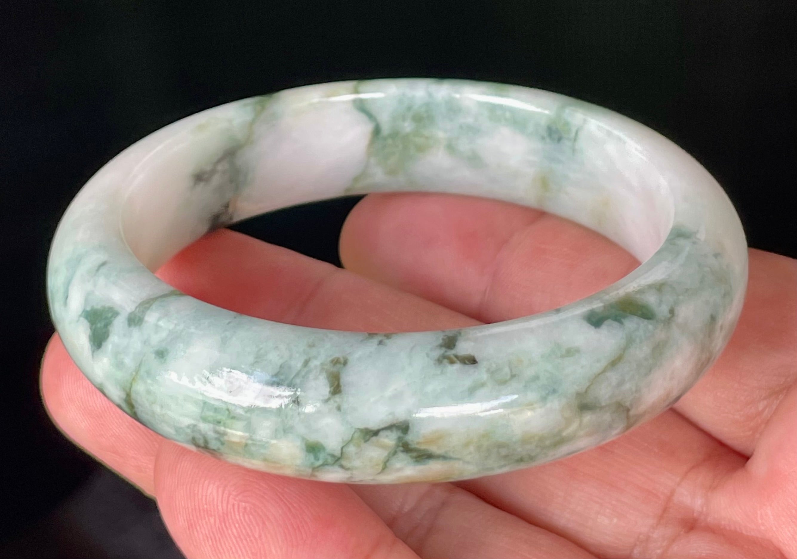Natural Grade A Certified Burmese Jadeite Jade Bangle – Icy Imperial & Apple Green, Milky White – 57.8mm – JB877