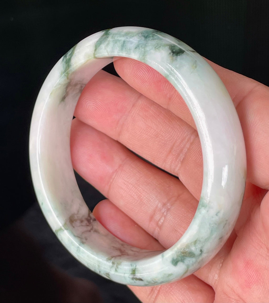 Natural Grade A Certified Burmese Jadeite Jade Bangle – Icy Imperial & Apple Green, Milky White – 57.8mm – JB877