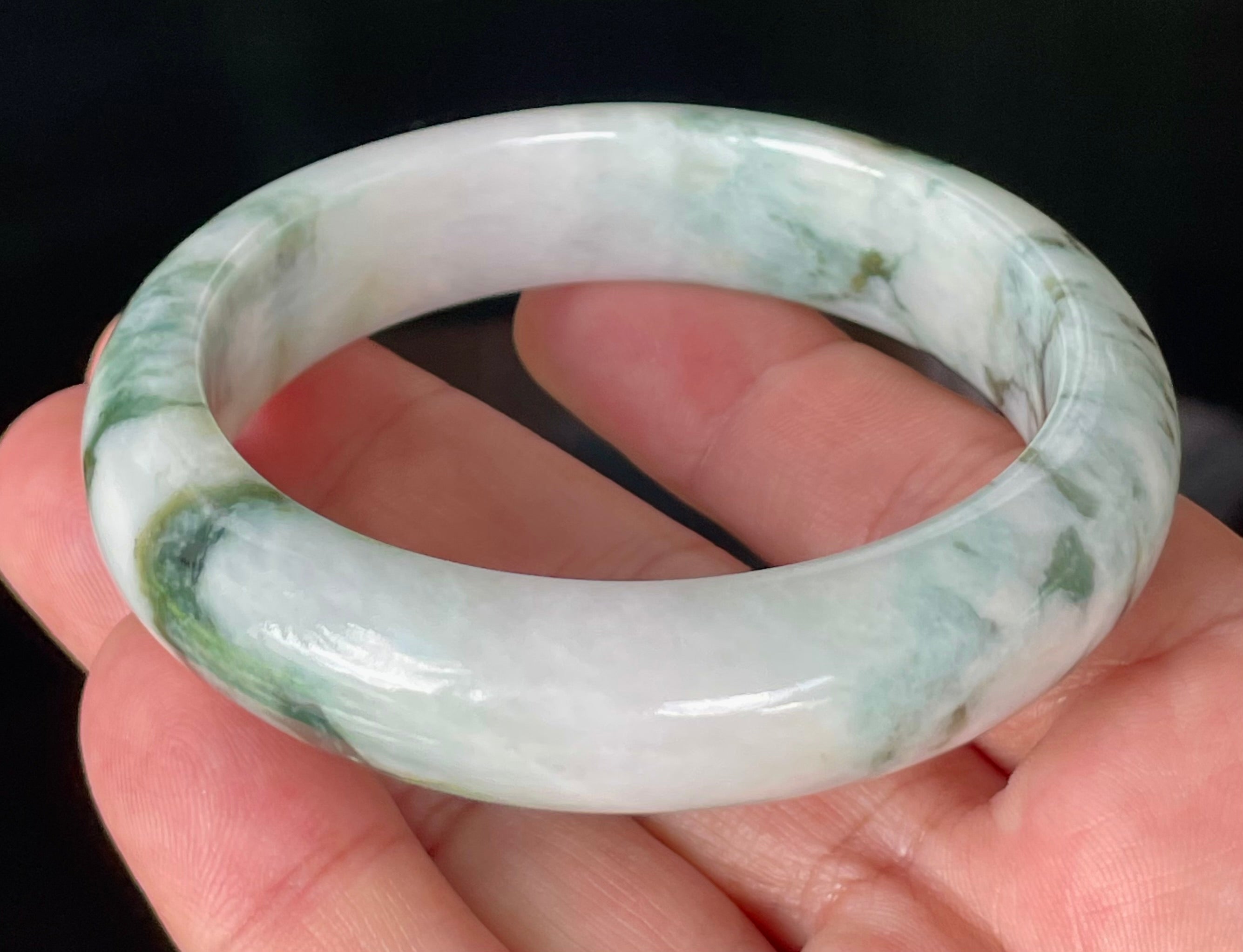 Natural Grade A Certified Burmese Jadeite Jade Bangle – Icy Imperial & Apple Green, Milky White – 57.8mm – JB877