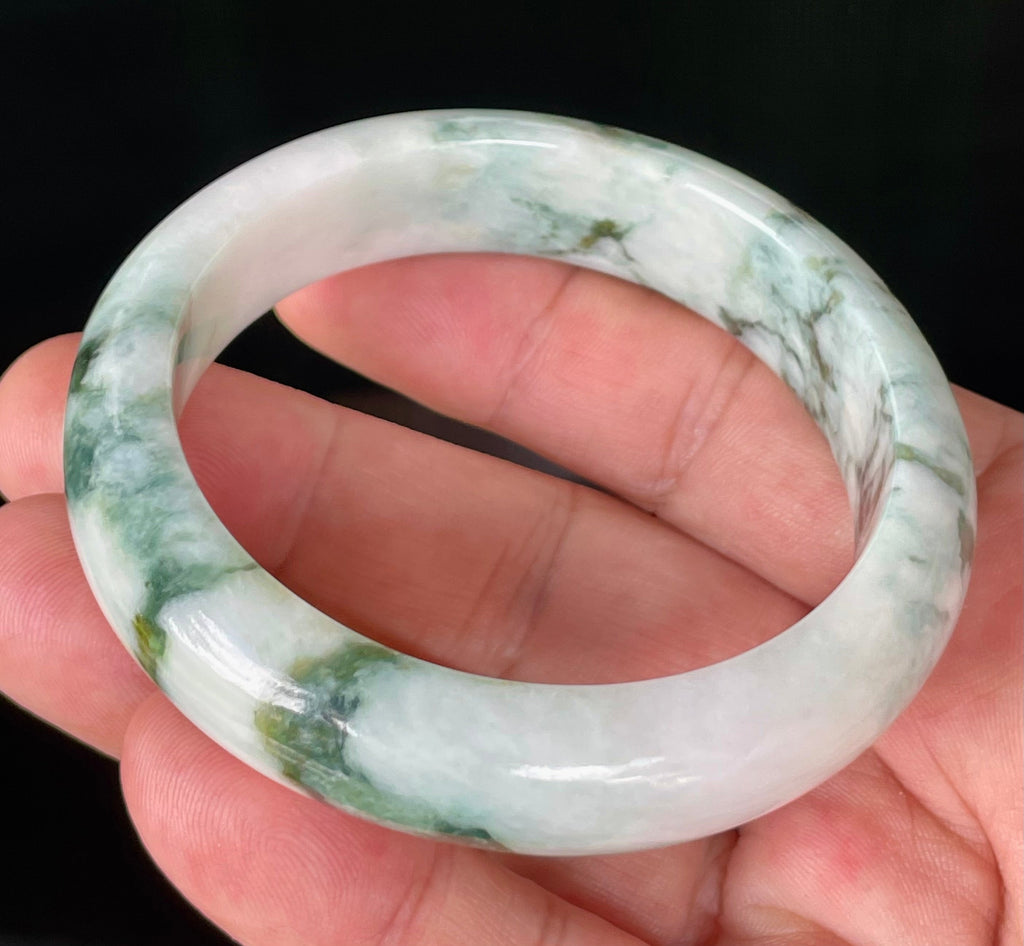 Natural Grade A Certified Burmese Jadeite Jade Bangle – Icy Imperial & Apple Green, Milky White – 57.8mm – JB877