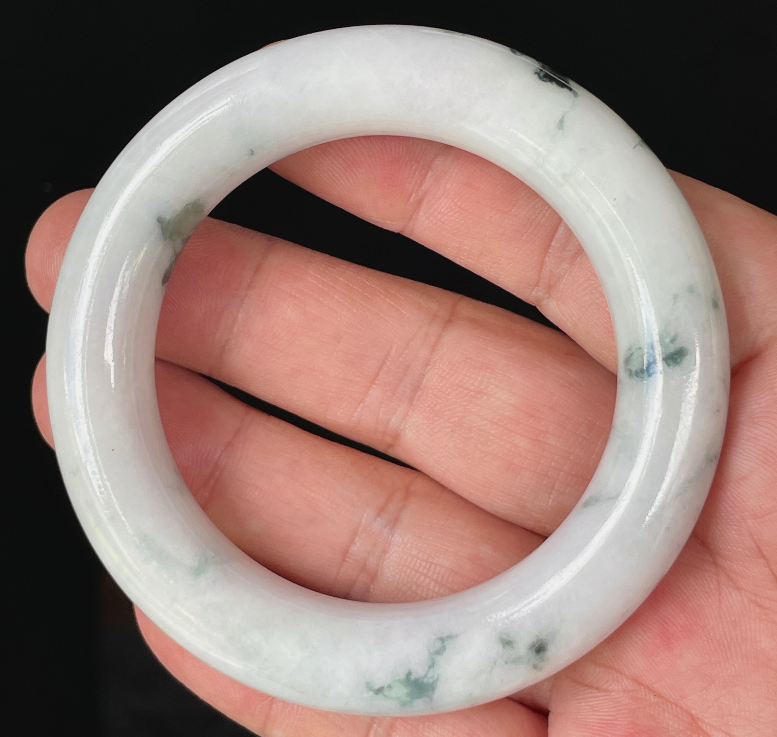 Natural Grade A Certified Burmese Jadeite Jade Bangle – Icy Milky White with Imperial Green – Princess Cut – 52.6mm – JB878