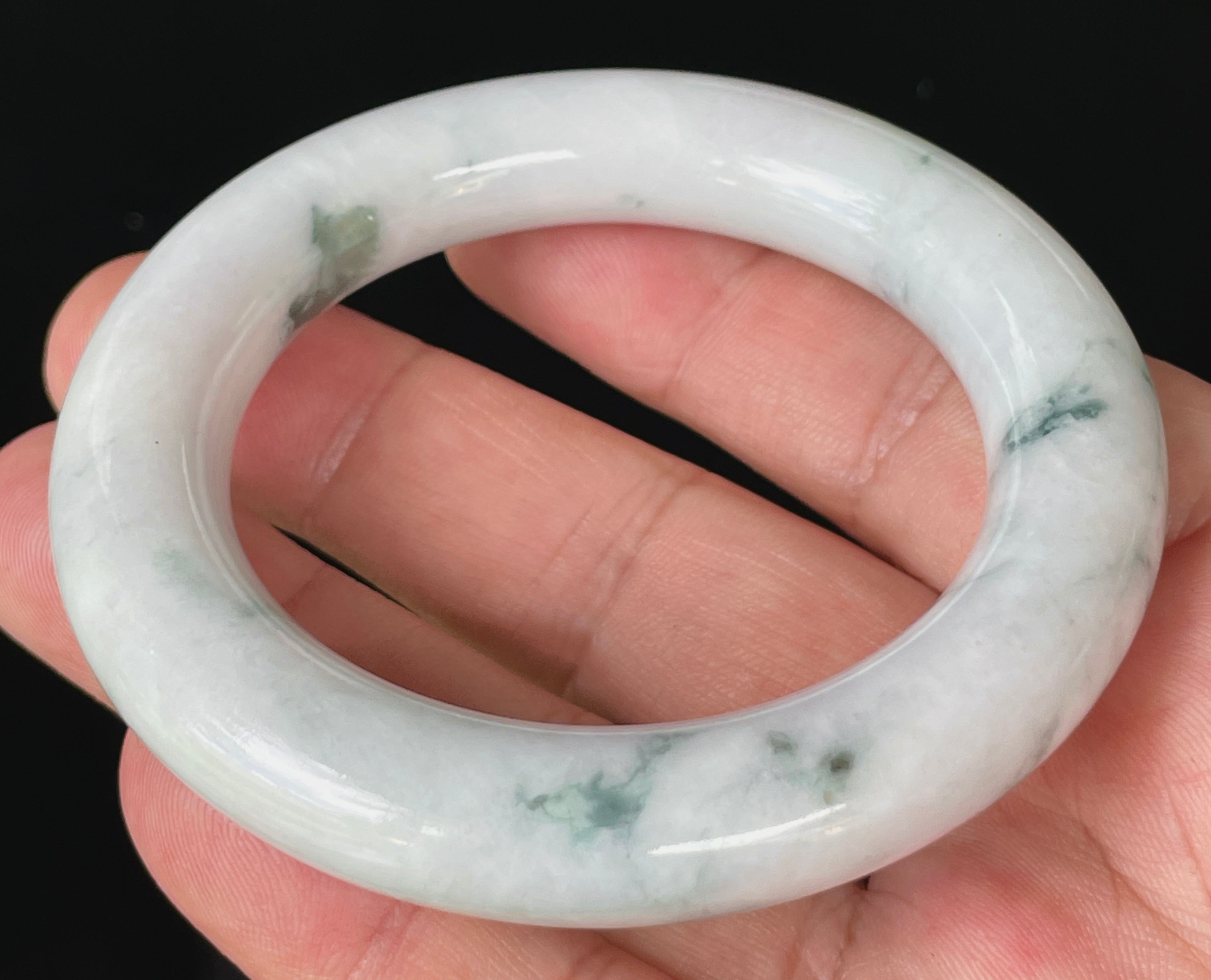 Natural Grade A Certified Burmese Jadeite Jade Bangle – Icy Milky White with Imperial Green – Princess Cut – 52.6mm – JB878