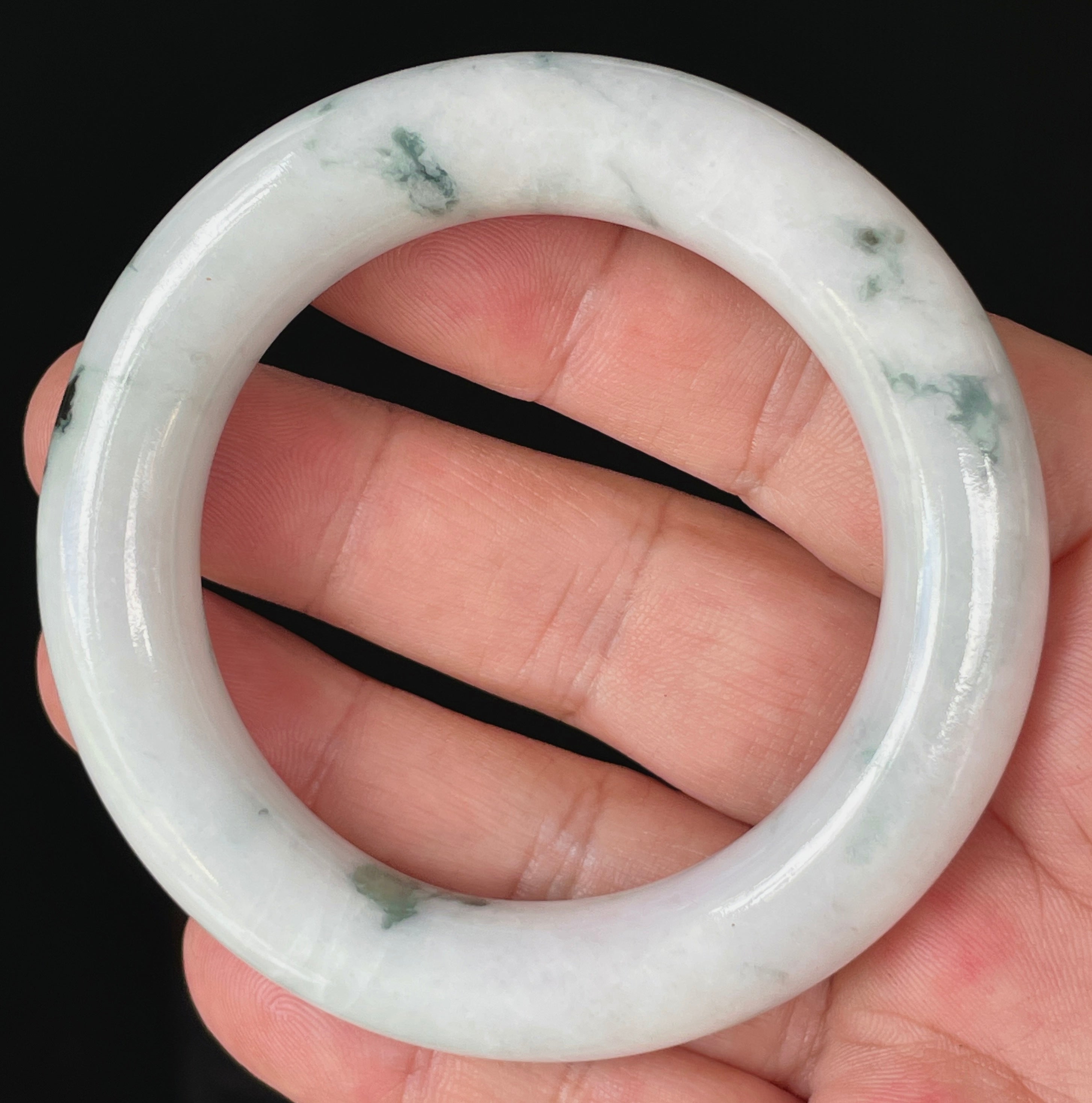 Natural Grade A Certified Burmese Jadeite Jade Bangle – Icy Milky White with Imperial Green – Princess Cut – 52.6mm – JB878
