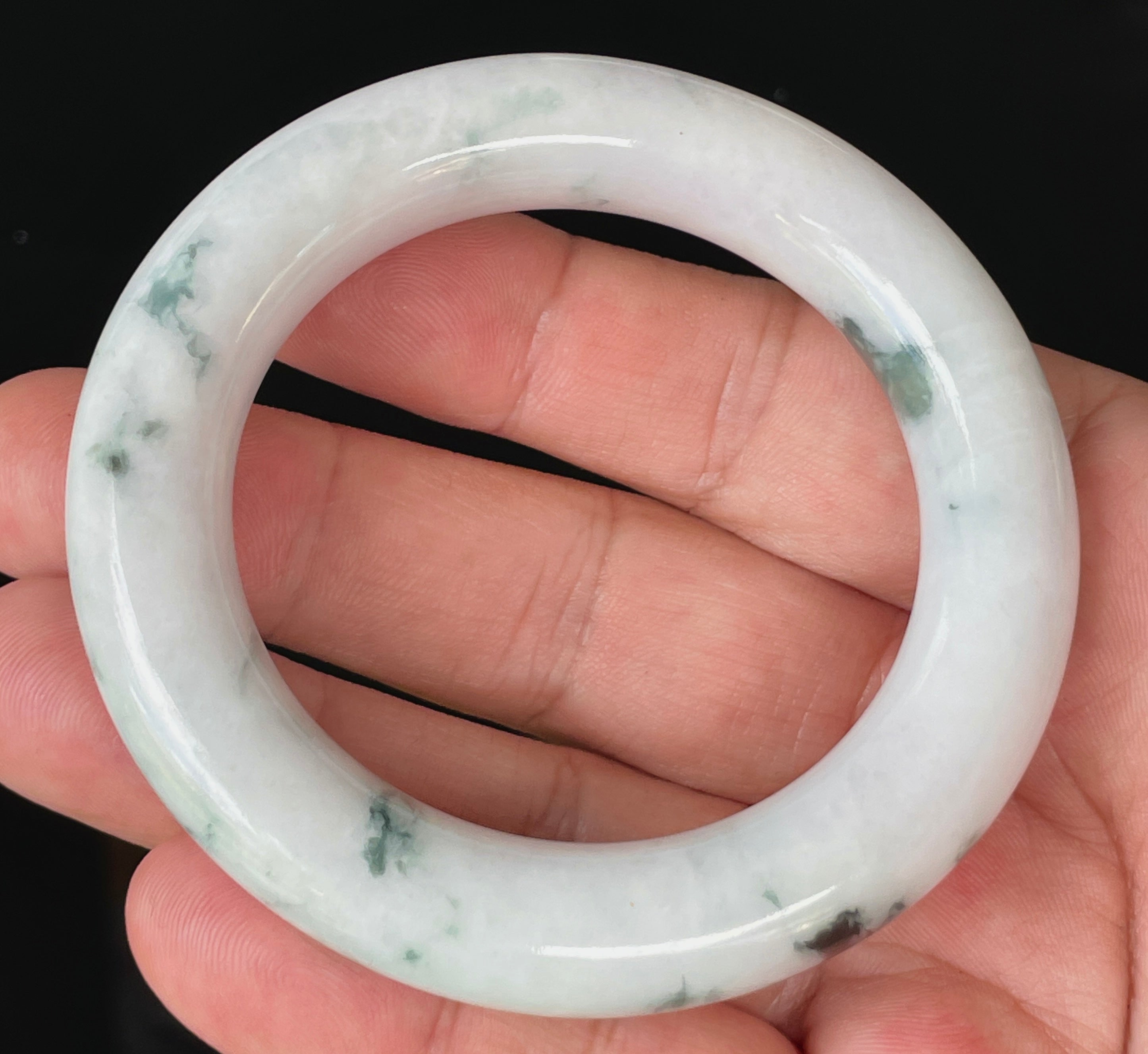 Natural Grade A Certified Burmese Jadeite Jade Bangle – Icy Milky White with Imperial Green – Princess Cut – 52.6mm – JB878
