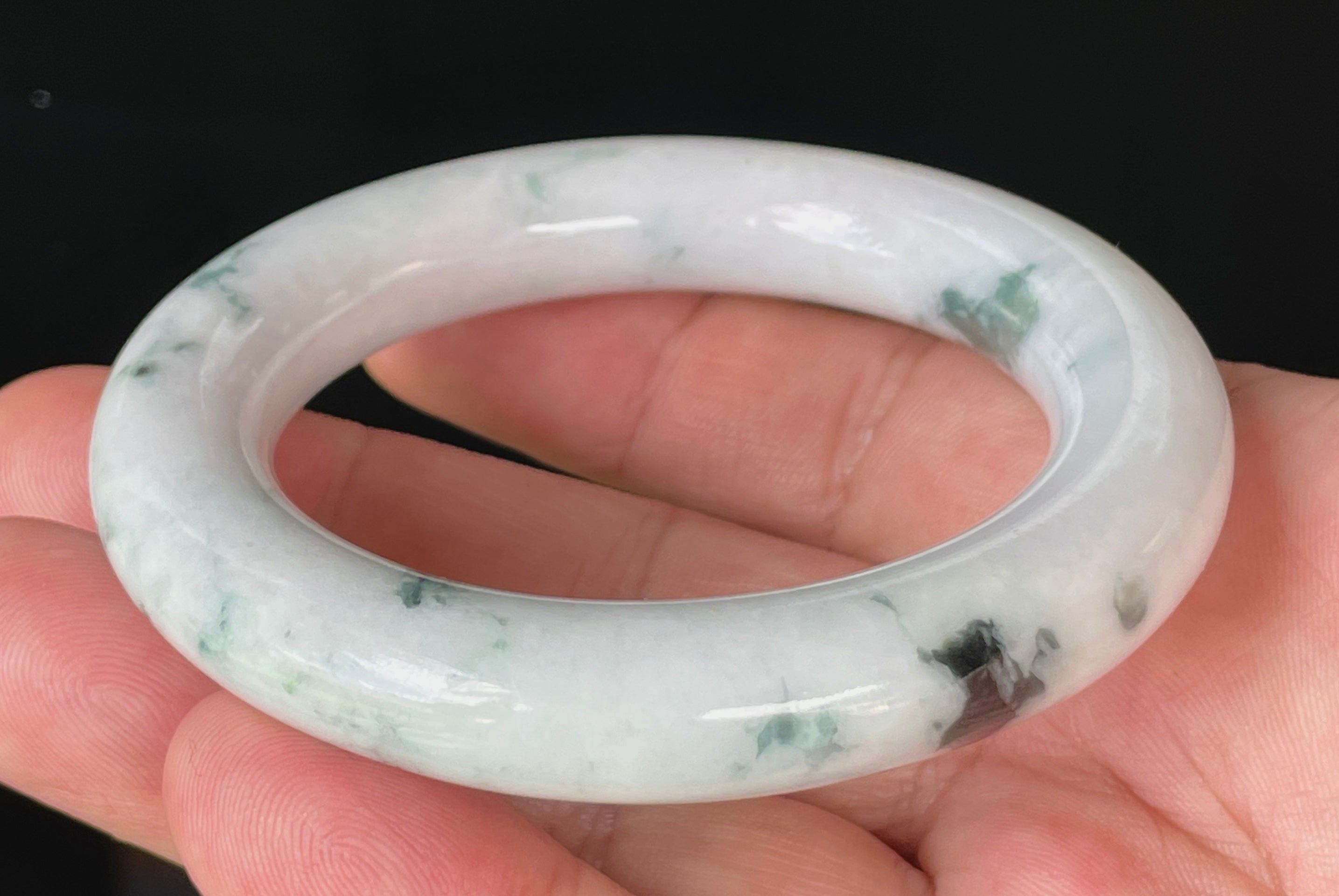 Natural Grade A Certified Burmese Jadeite Jade Bangle – Icy Milky White with Imperial Green – Princess Cut – 52.6mm – JB878