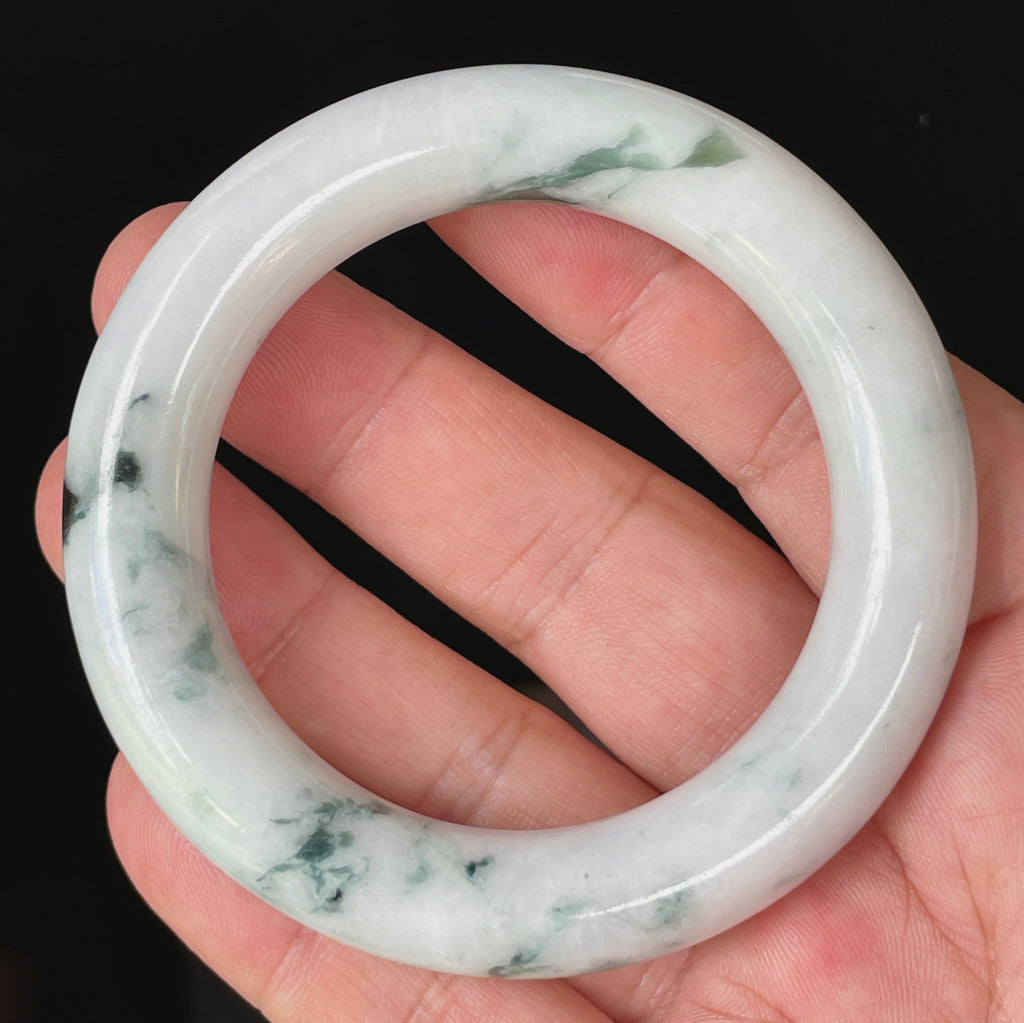 Natural Grade A Certified Burmese Jadeite Jade Bangle – Icy Milky White with Imperial Green – Princess Cut – 52.6mm – JB878
