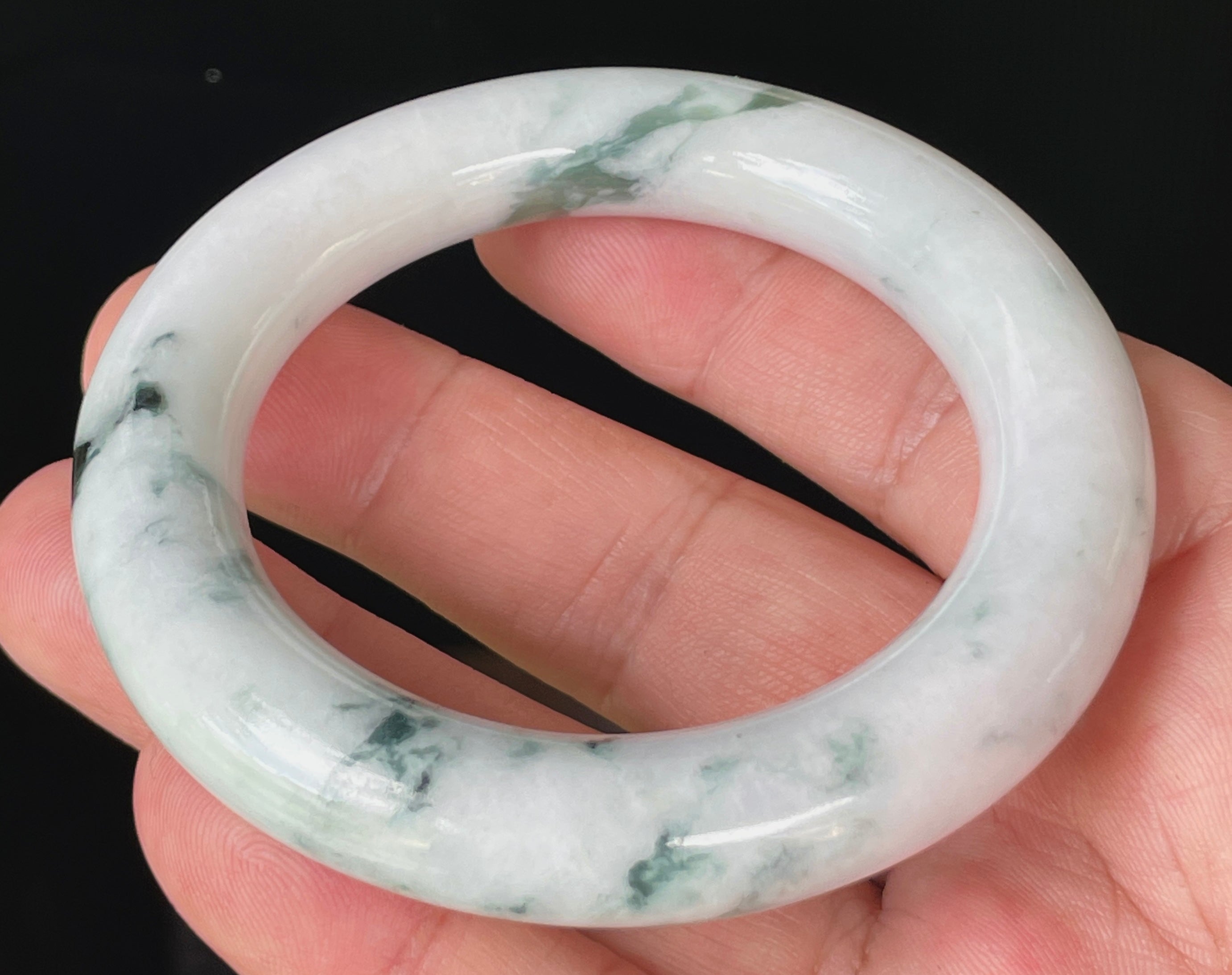 Natural Grade A Certified Burmese Jadeite Jade Bangle – Icy Milky White with Imperial Green – Princess Cut – 52.6mm – JB878