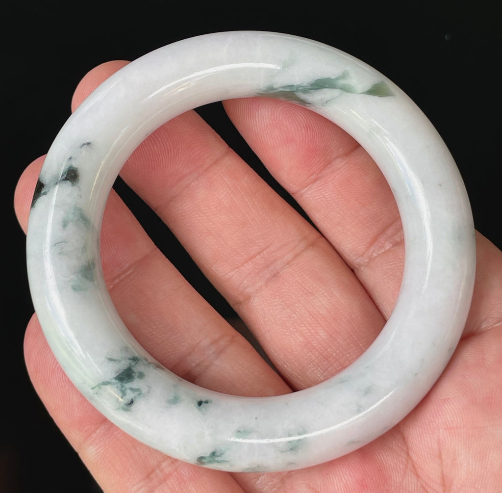 Natural Grade A Certified Burmese Jadeite Jade Bangle – Icy Milky White with Imperial Green – Princess Cut – 52.6mm – JB878