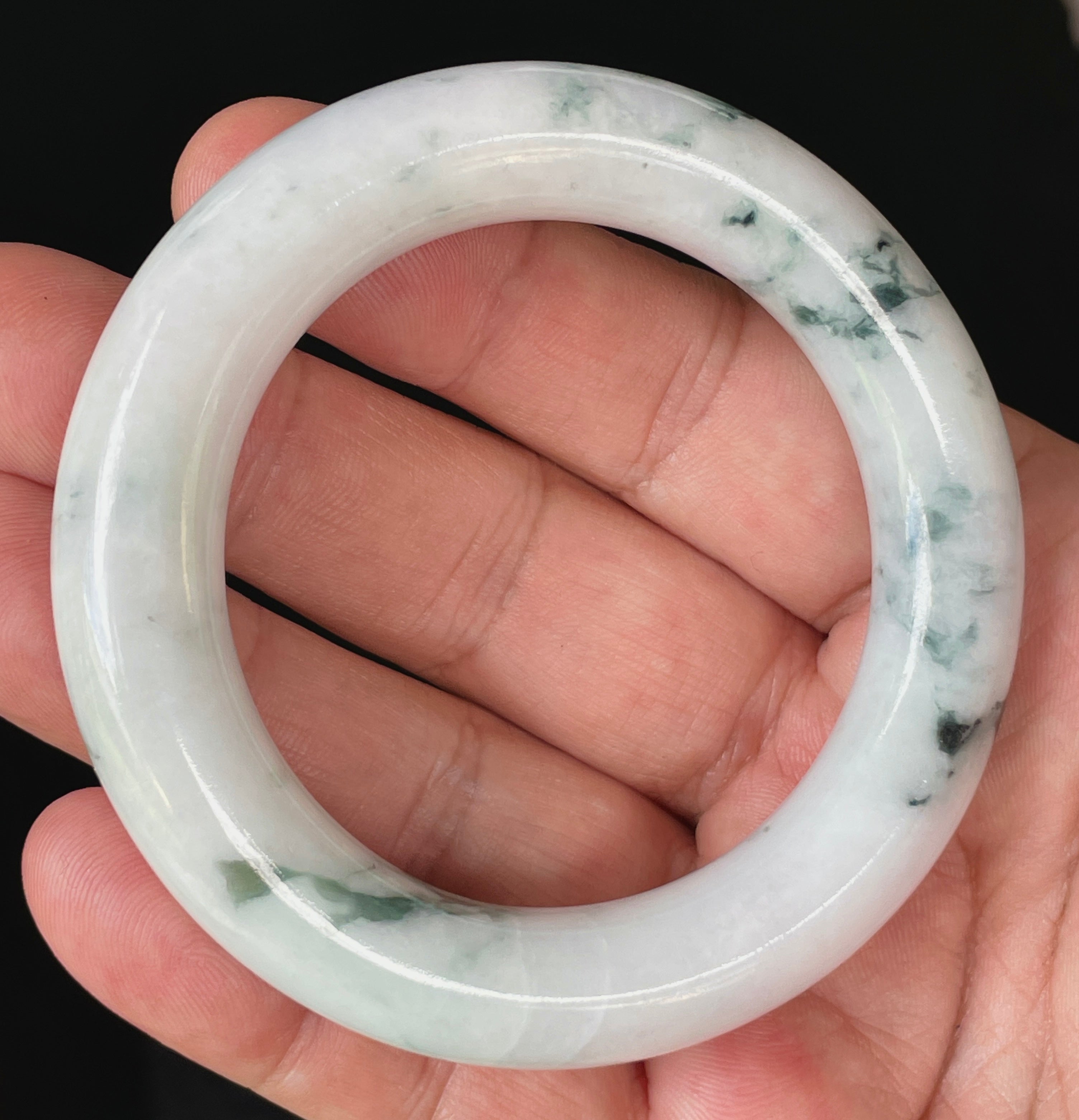 Natural Grade A Certified Burmese Jadeite Jade Bangle – Icy Milky White with Imperial Green – Princess Cut – 52.6mm – JB878