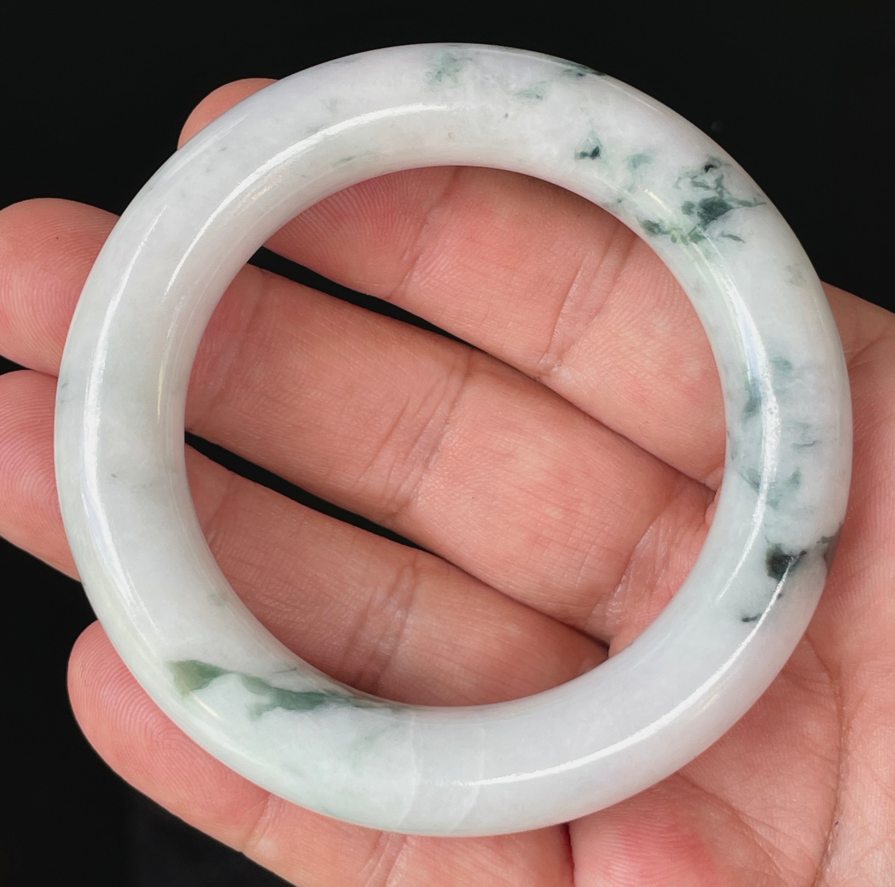 Natural Grade A Certified Burmese Jadeite Jade Bangle – Icy Milky White with Imperial Green – Princess Cut – 52.6mm – JB878