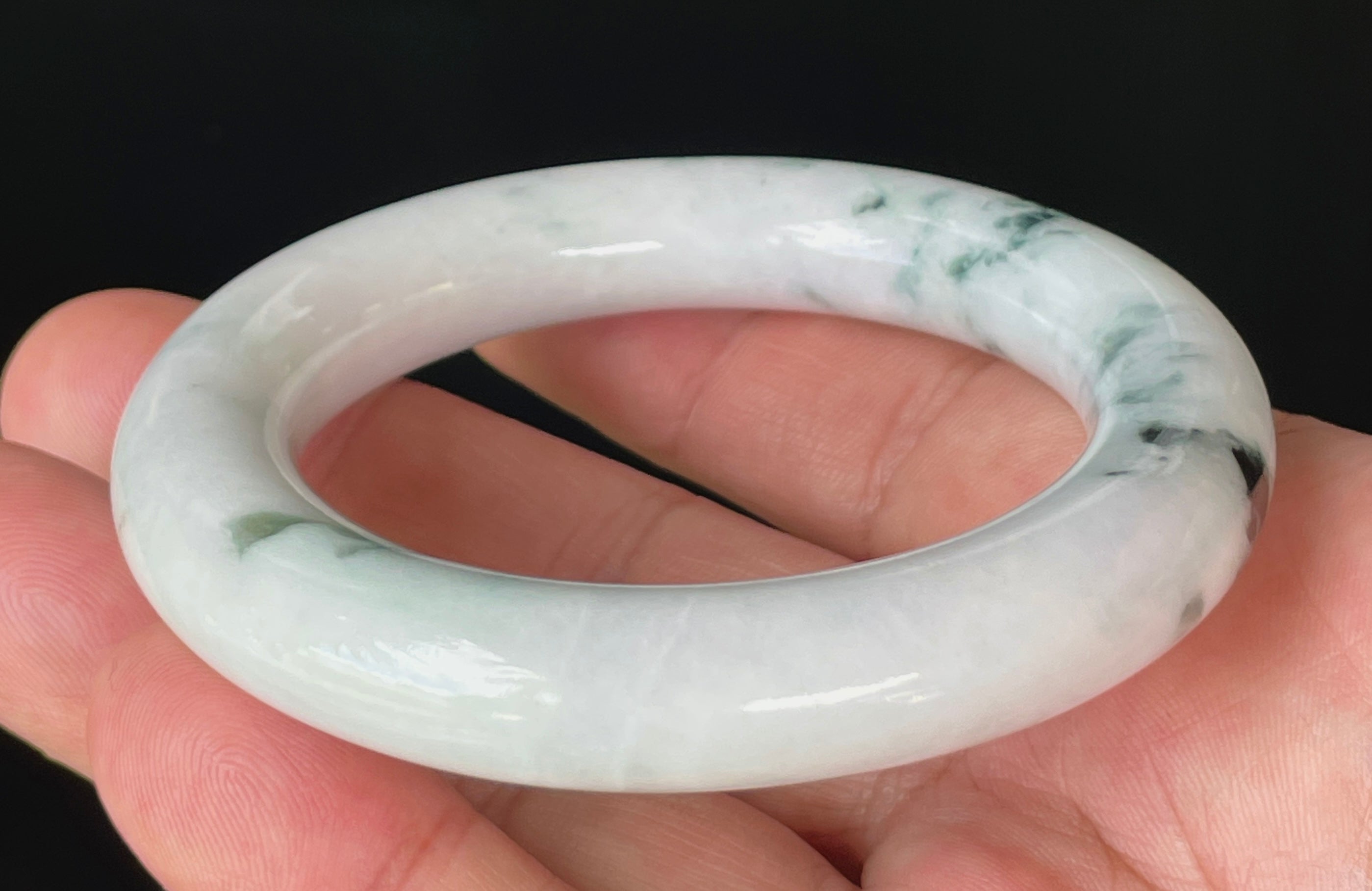 Natural Grade A Certified Burmese Jadeite Jade Bangle – Icy Milky White with Imperial Green – Princess Cut – 52.6mm – JB878