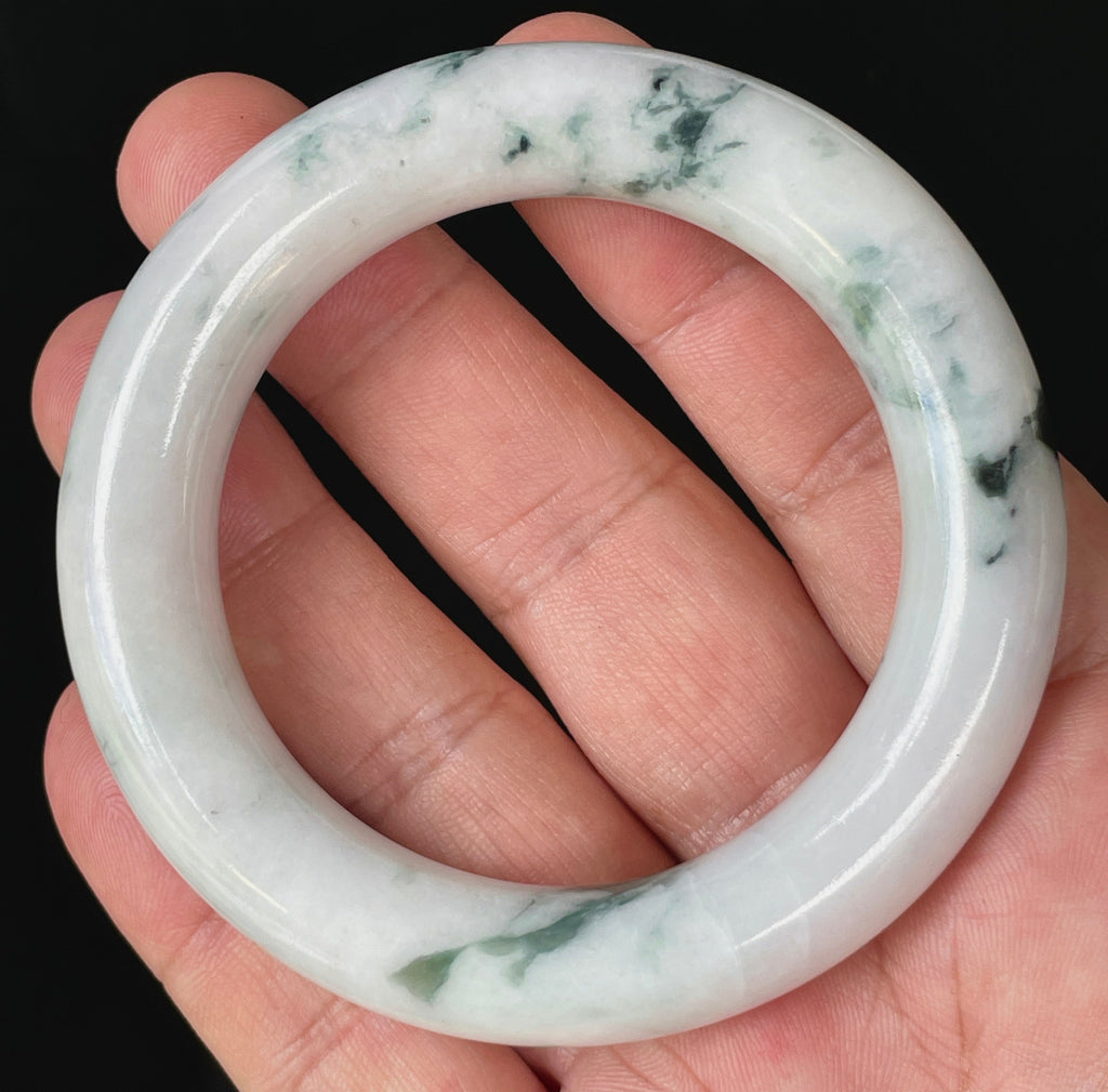 Natural Grade A Certified Burmese Jadeite Jade Bangle – Icy Milky White with Imperial Green – Princess Cut – 52.6mm – JB878