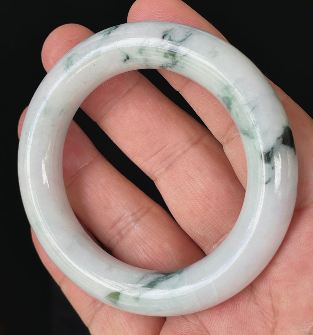 Natural Grade A Certified Burmese Jadeite Jade Bangle – Icy Milky White with Imperial Green – Princess Cut – 52.6mm – JB878
