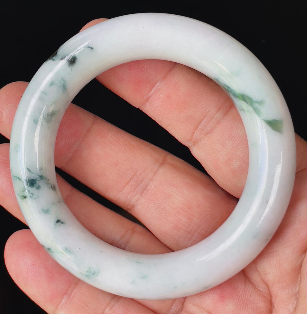Natural Grade A Certified Burmese Jadeite Jade Bangle – Icy Milky White with Imperial Green – Princess Cut – 52.6mm – JB878