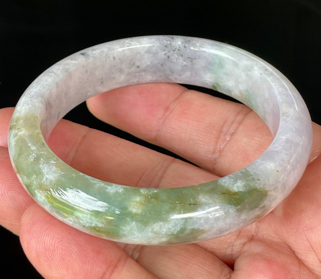 Natural Grade A Certified Burmese Jadeite Jade Bangle – Icy Milky White, Grayish, Apple Green & Black – 56.6mm – JB874