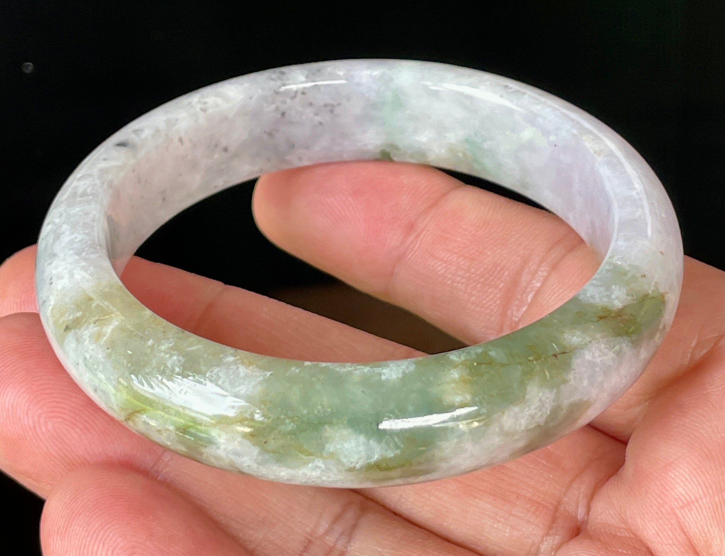 Natural Grade A Certified Burmese Jadeite Jade Bangle – Icy Milky White, Grayish, Apple Green & Black – 56.6mm – JB874