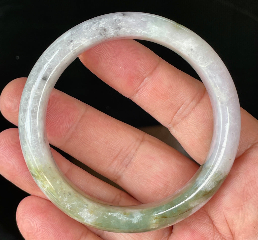 Natural Grade A Certified Burmese Jadeite Jade Bangle – Icy Milky White, Grayish, Apple Green & Black – 56.6mm – JB874