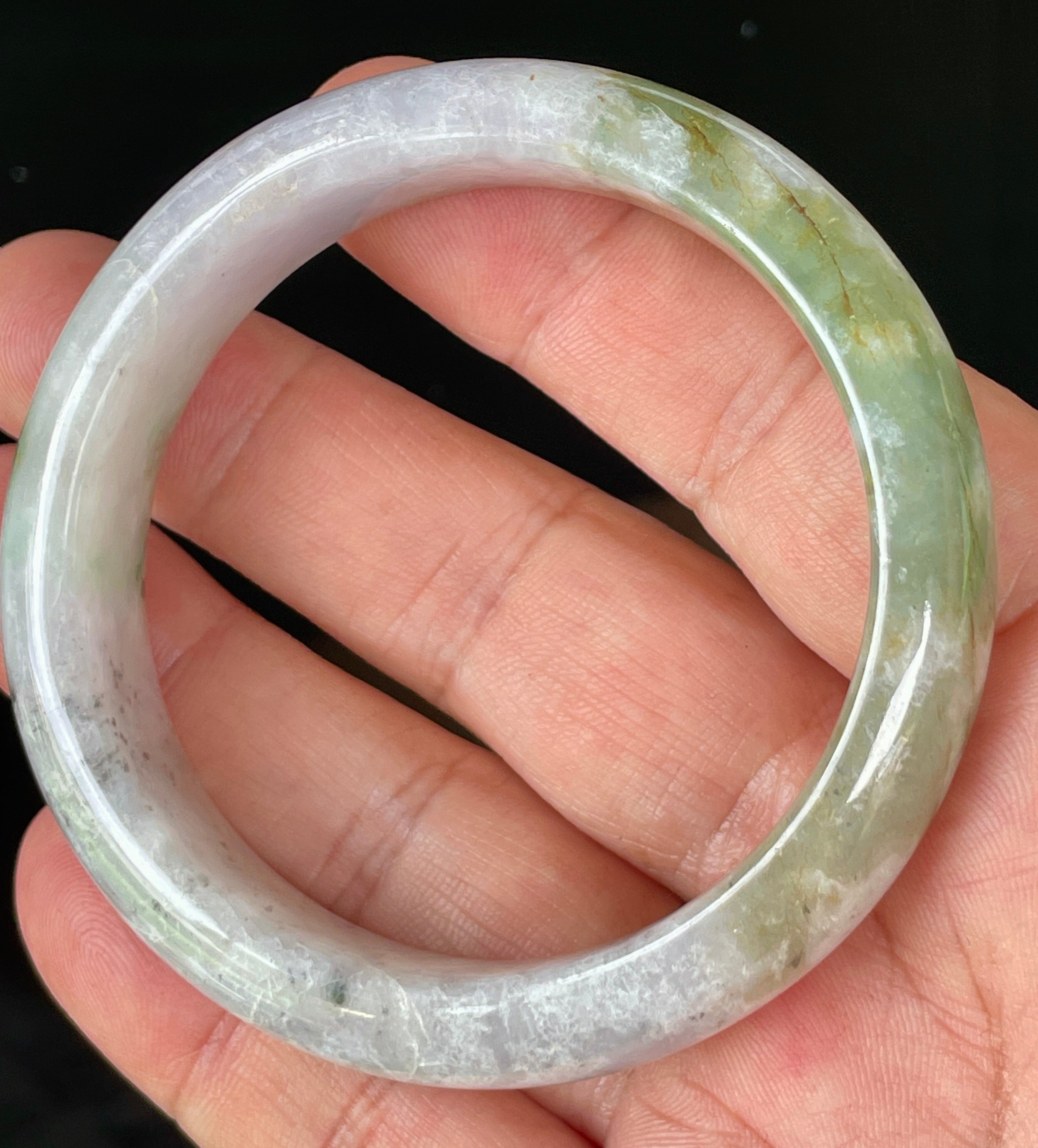 Natural Grade A Certified Burmese Jadeite Jade Bangle – Icy Milky White, Grayish, Apple Green & Black – 56.6mm – JB874