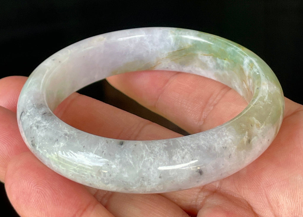 Natural Grade A Certified Burmese Jadeite Jade Bangle – Icy Milky White, Grayish, Apple Green & Black – 56.6mm – JB874