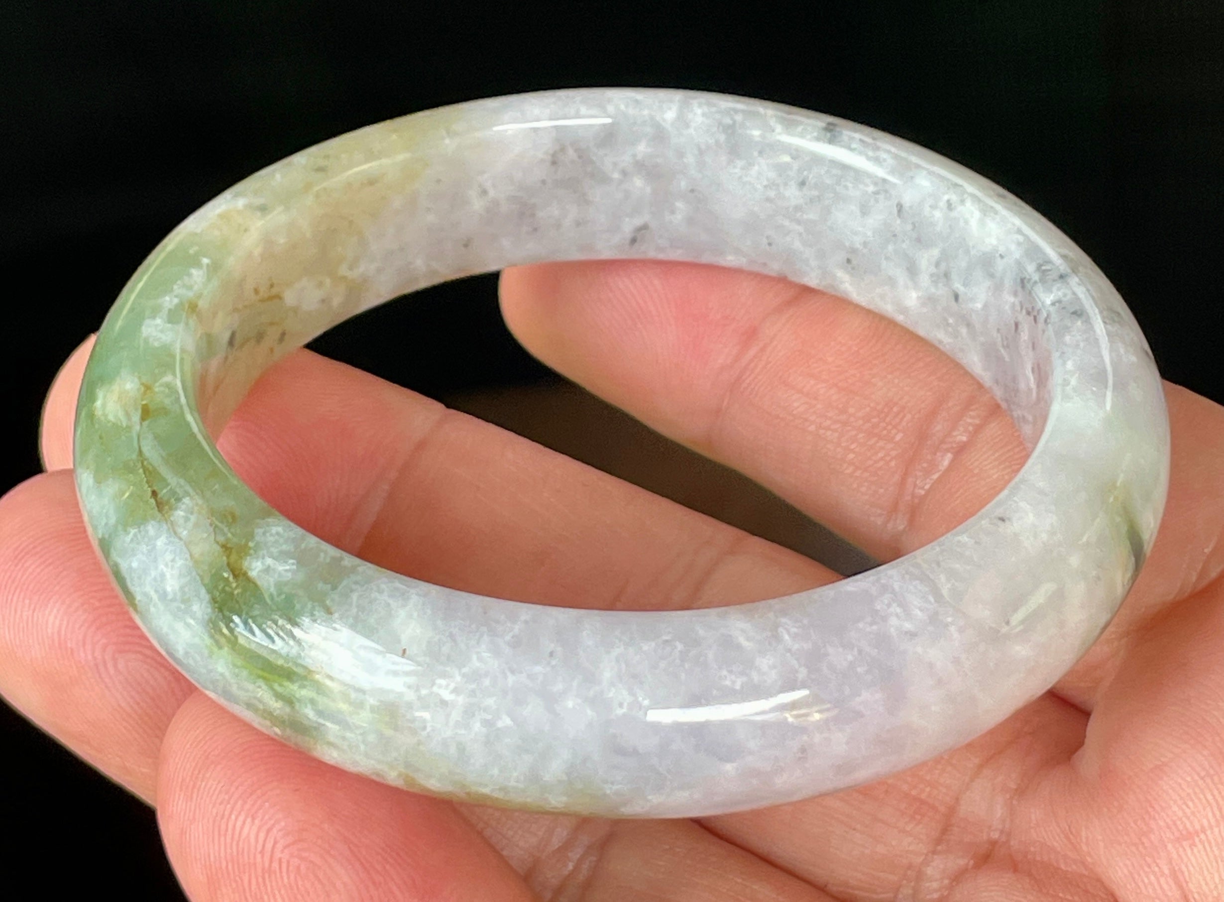 Natural Grade A Certified Burmese Jadeite Jade Bangle – Icy Milky White, Grayish, Apple Green & Black – 56.6mm – JB874
