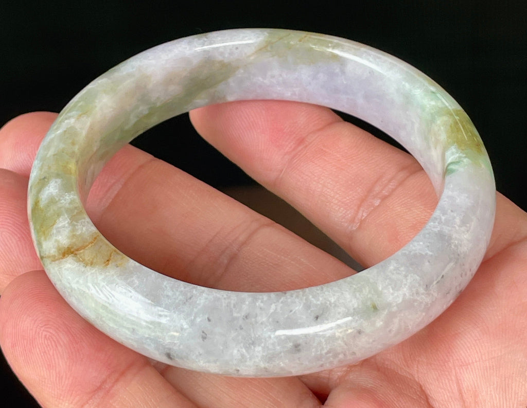 Natural Grade A Certified Burmese Jadeite Jade Bangle – Icy Milky White, Grayish, Apple Green & Black – 56.6mm – JB874