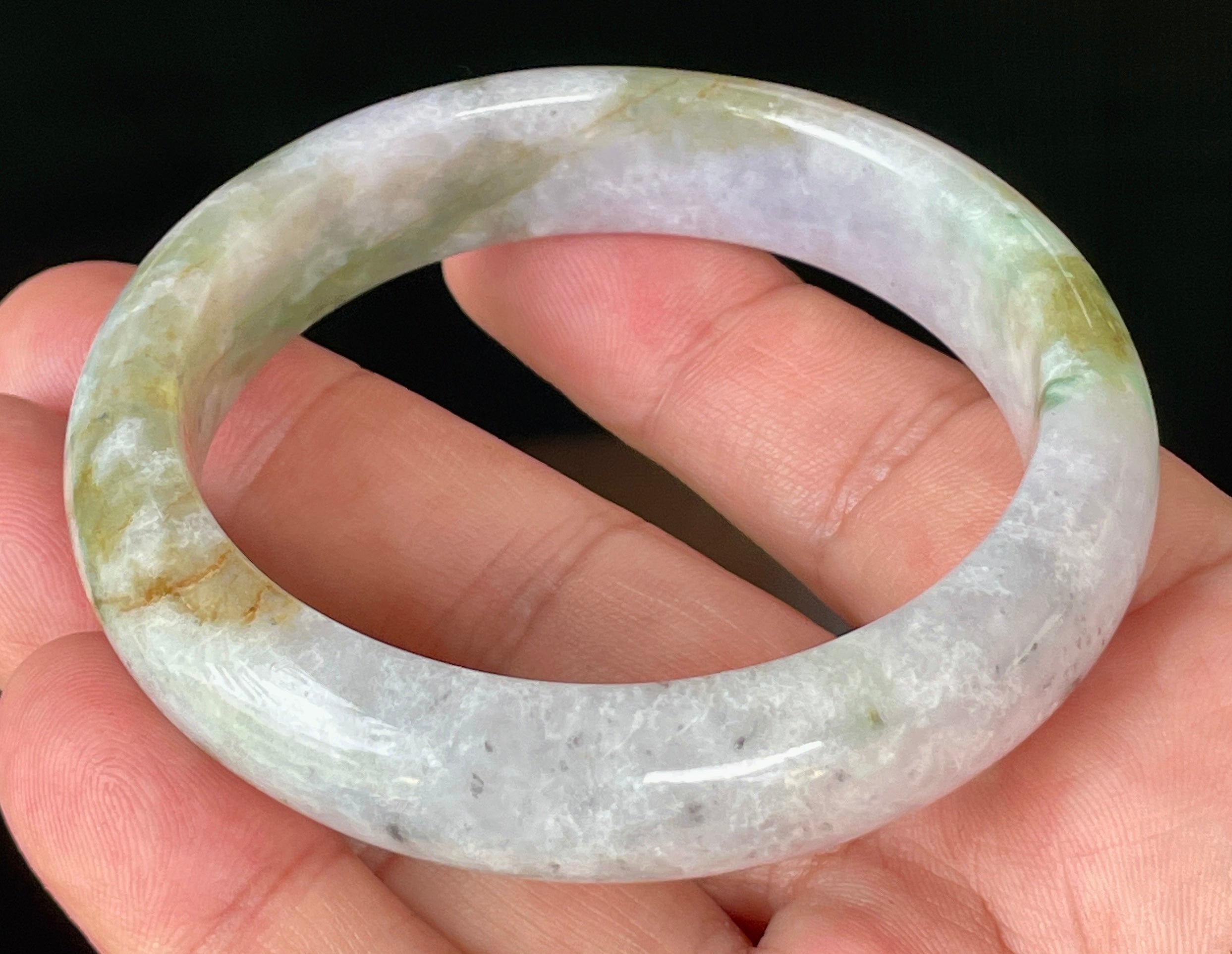 Natural Grade A Certified Burmese Jadeite Jade Bangle – Icy Milky White, Grayish, Apple Green & Black – 56.6mm – JB874