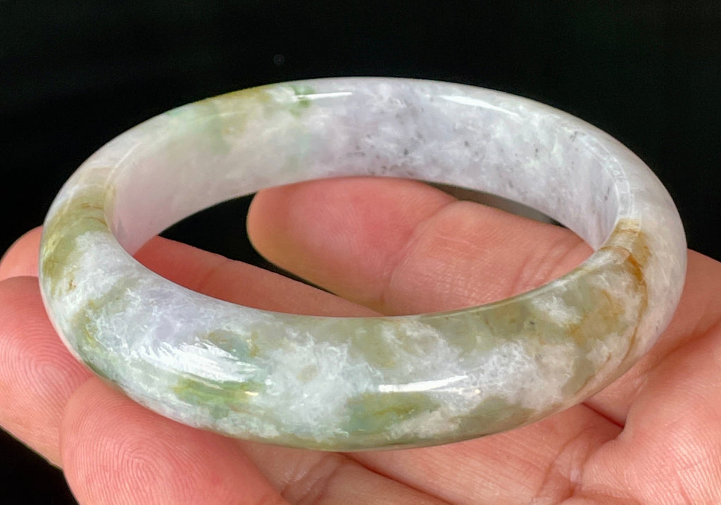 Natural Grade A Certified Burmese Jadeite Jade Bangle – Icy Milky White, Grayish, Apple Green & Black – 56.6mm – JB874