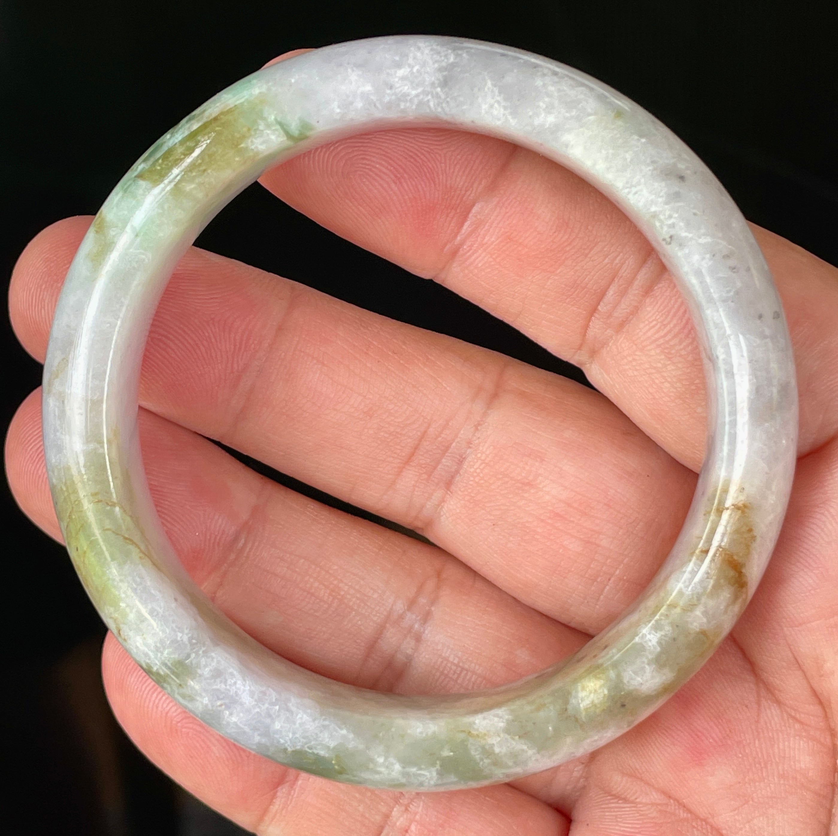 Natural Grade A Certified Burmese Jadeite Jade Bangle – Icy Milky White, Grayish, Apple Green & Black – 56.6mm – JB874