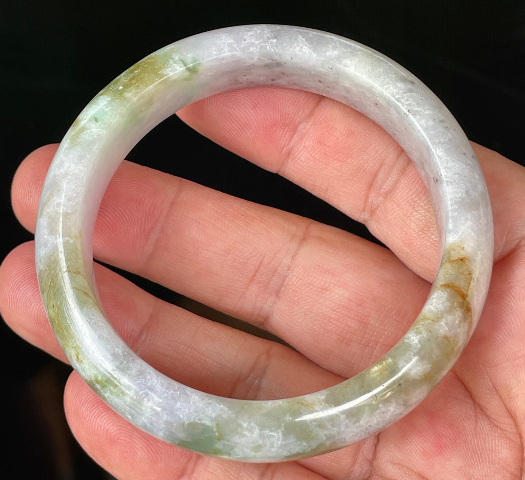 Natural Grade A Certified Burmese Jadeite Jade Bangle – Icy Milky White, Grayish, Apple Green & Black – 56.6mm – JB874