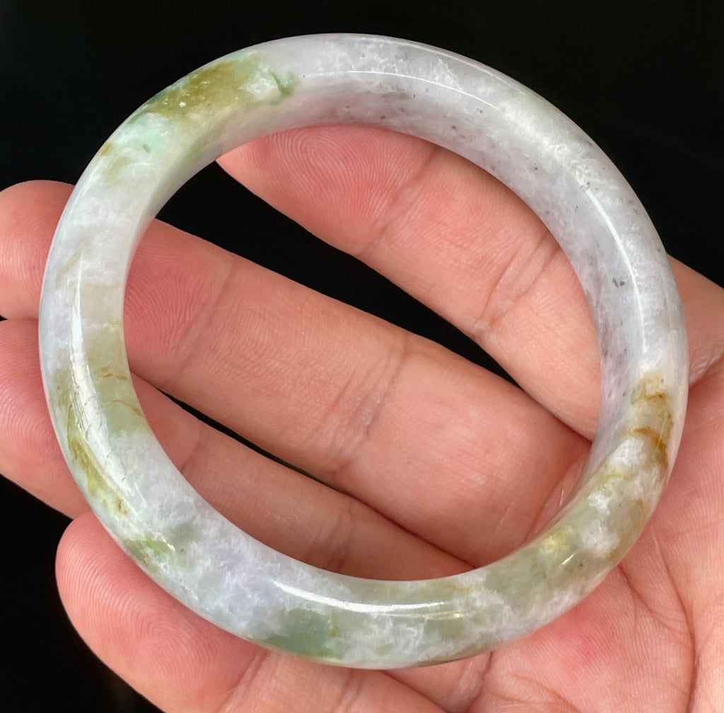 Natural Grade A Certified Burmese Jadeite Jade Bangle – Icy Milky White, Grayish, Apple Green & Black – 56.6mm – JB874