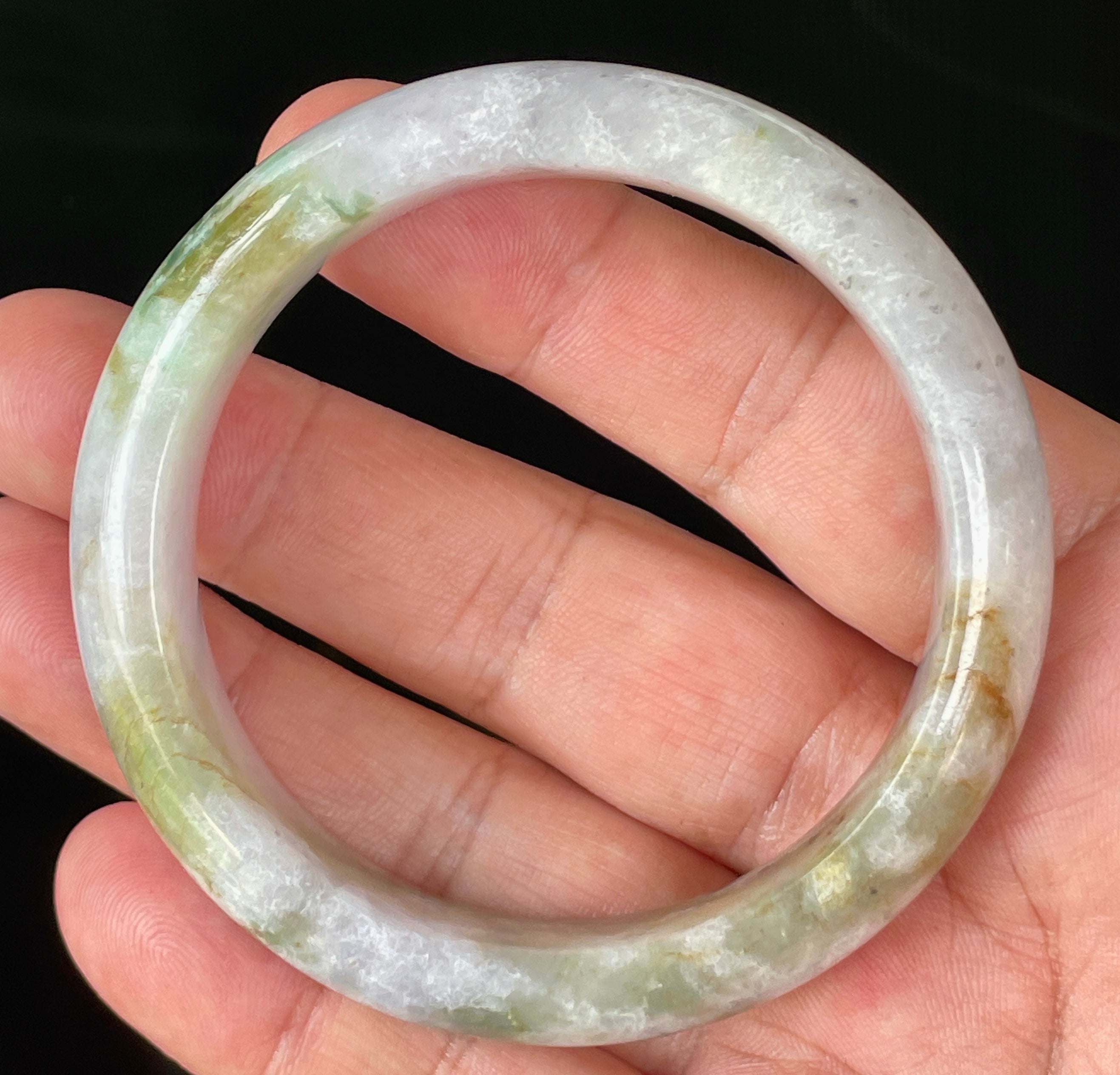 Natural Grade A Certified Burmese Jadeite Jade Bangle – Icy Milky White, Grayish, Apple Green & Black – 56.6mm – JB874