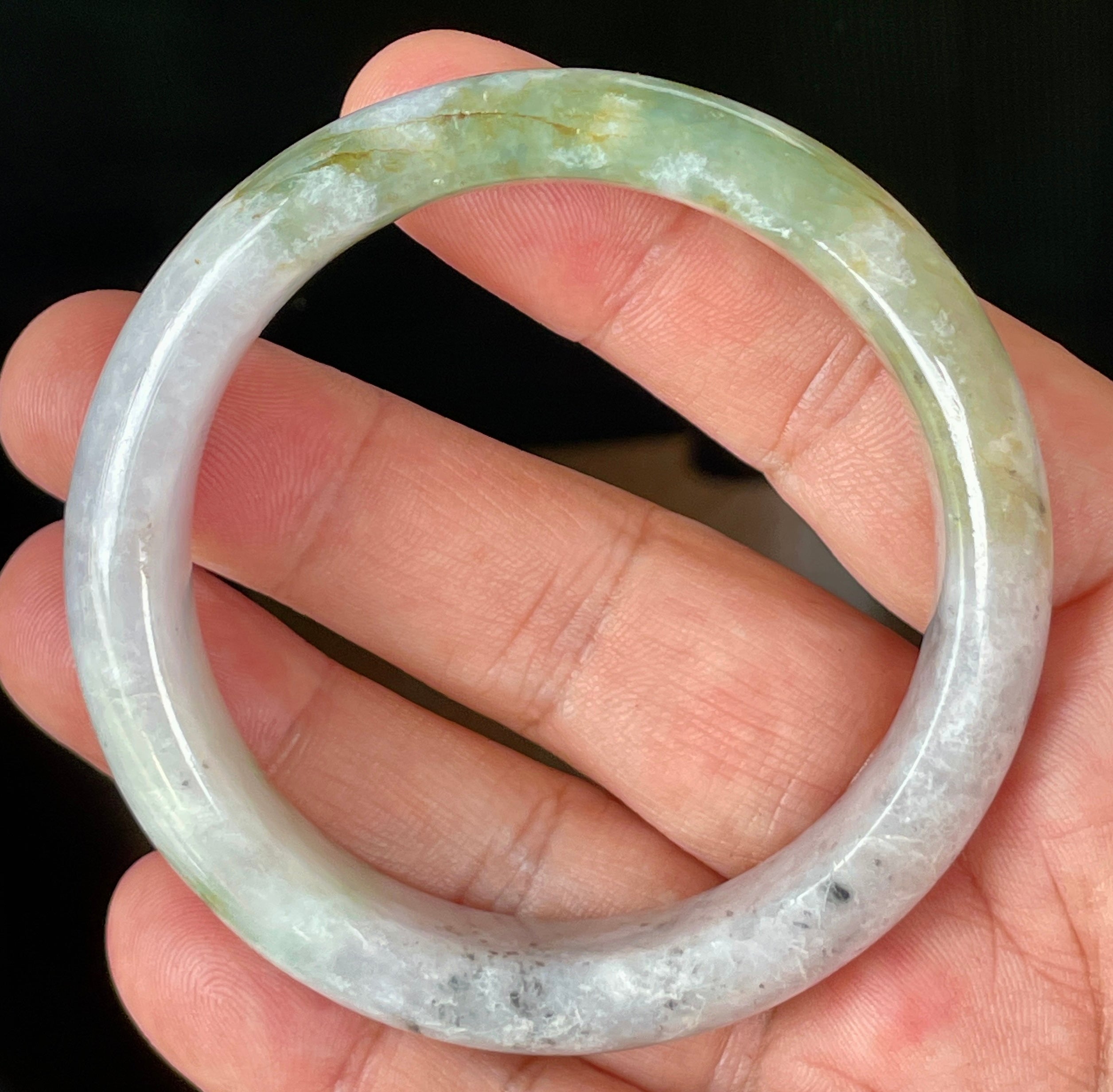 Natural Grade A Certified Burmese Jadeite Jade Bangle – Icy Milky White, Grayish, Apple Green & Black – 56.6mm – JB874