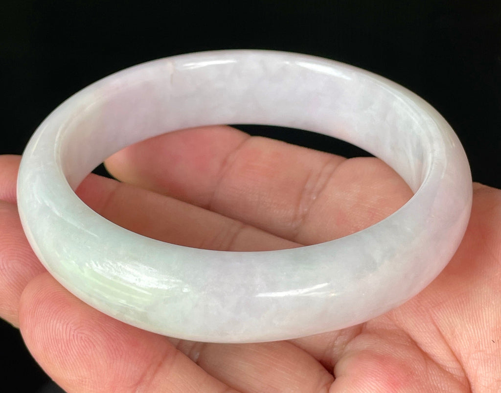 Natural Grade A Certified Burmese Jadeite Jade Bangle – Icy Milky White with Light Lavender & Apple Green Hues – 58.5mm – JB829