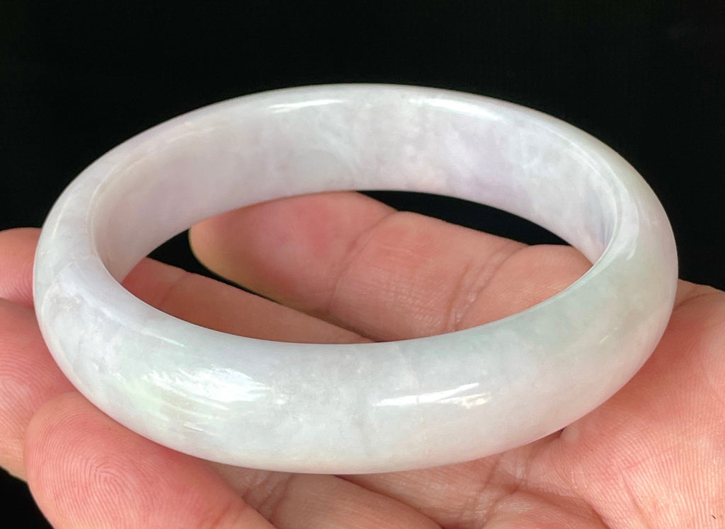 Natural Grade A Certified Burmese Jadeite Jade Bangle – Icy Milky White with Light Lavender & Apple Green Hues – 58.5mm – JB829