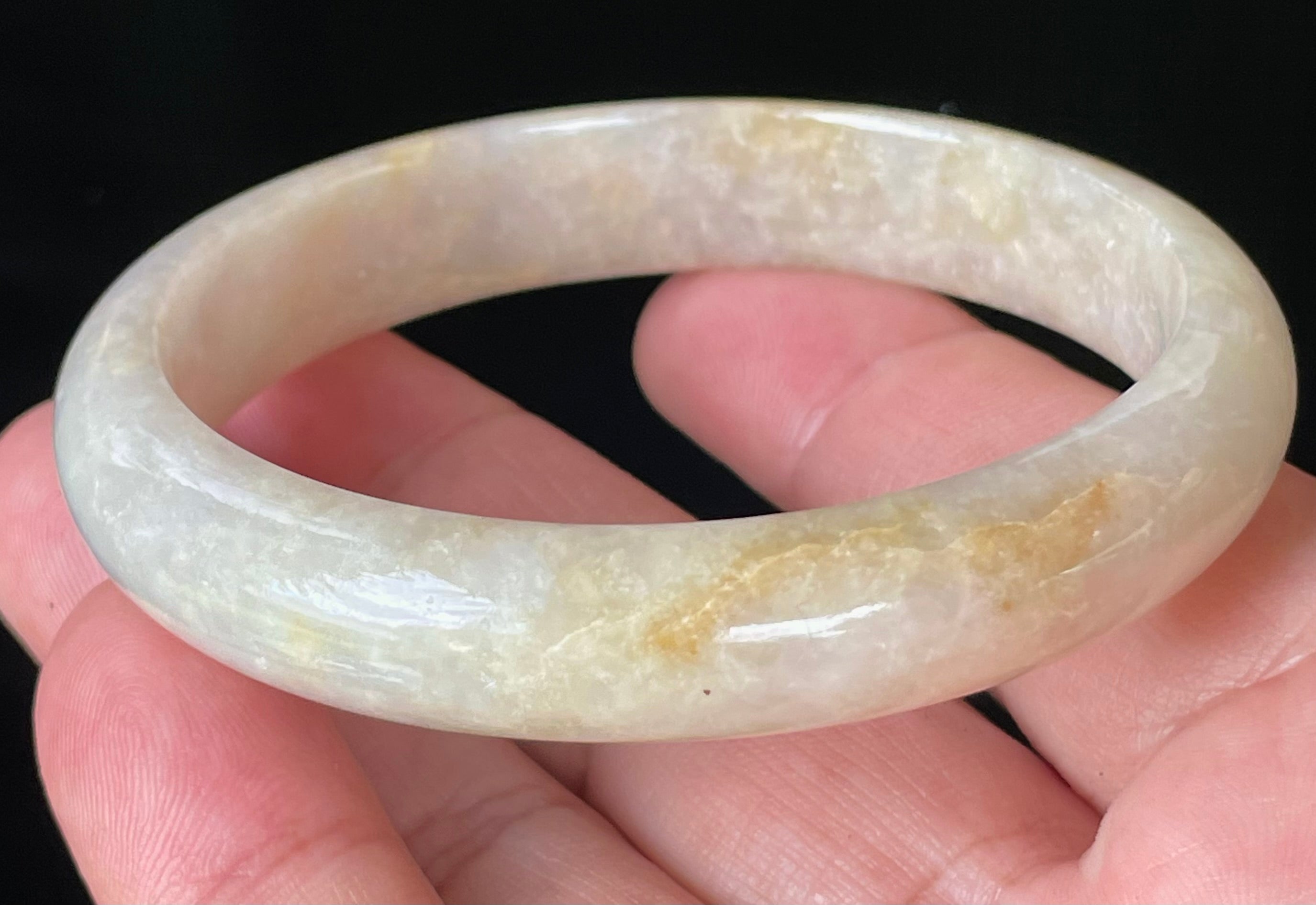 Natural Grade A Certified Burmese Jadeite Jade Bangle – Icy Yellow & Honey, Milky White, Light Lavender – Hand-Carved Jade Bracelet – 59.5mm – JB926