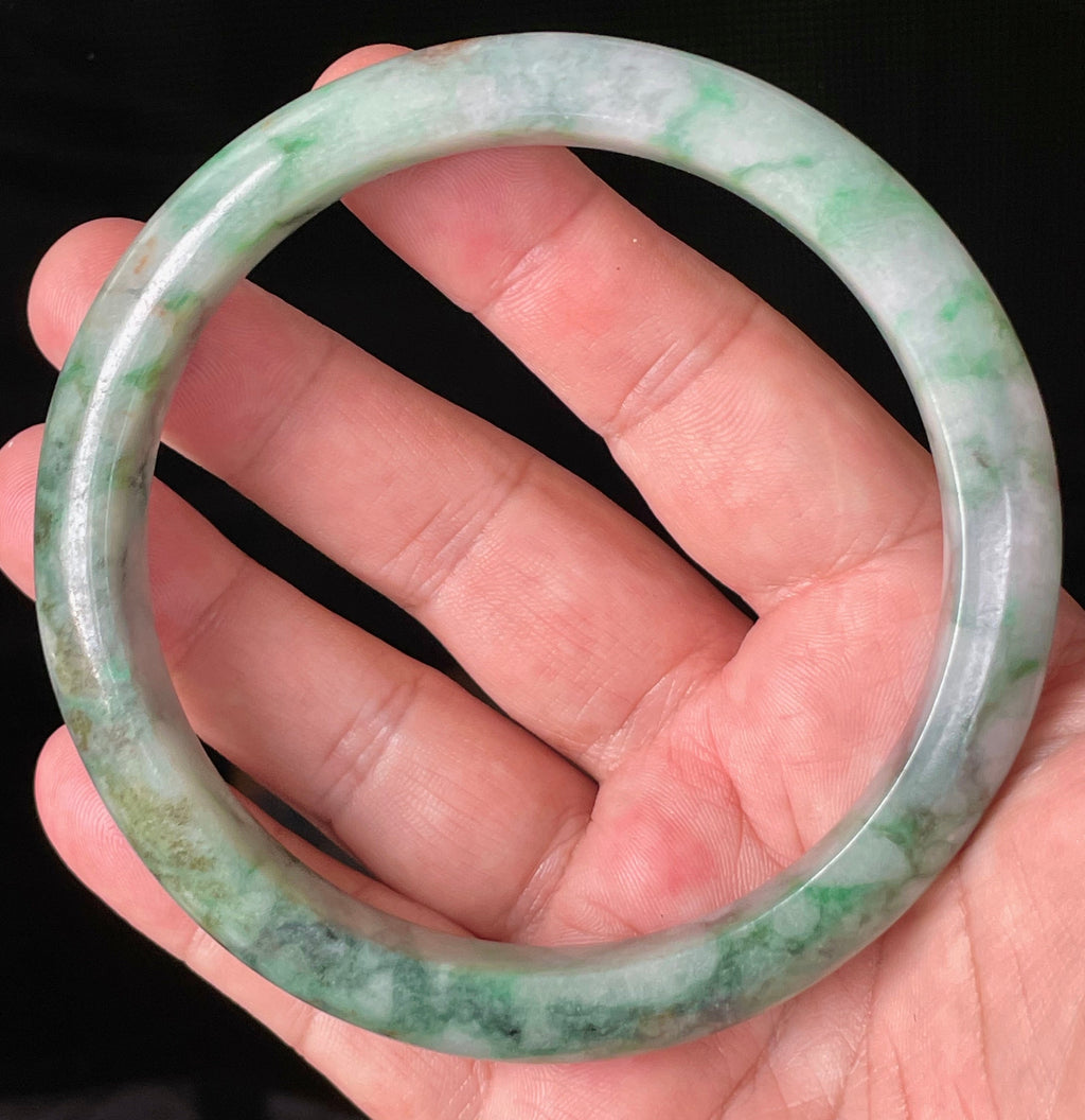 Natural Grade A Certified Burmese Jadeite Jade Bangle – Icy Imperial & Apple Green with Greyish Milky White Hues – Floral Design – 77mm – JB933