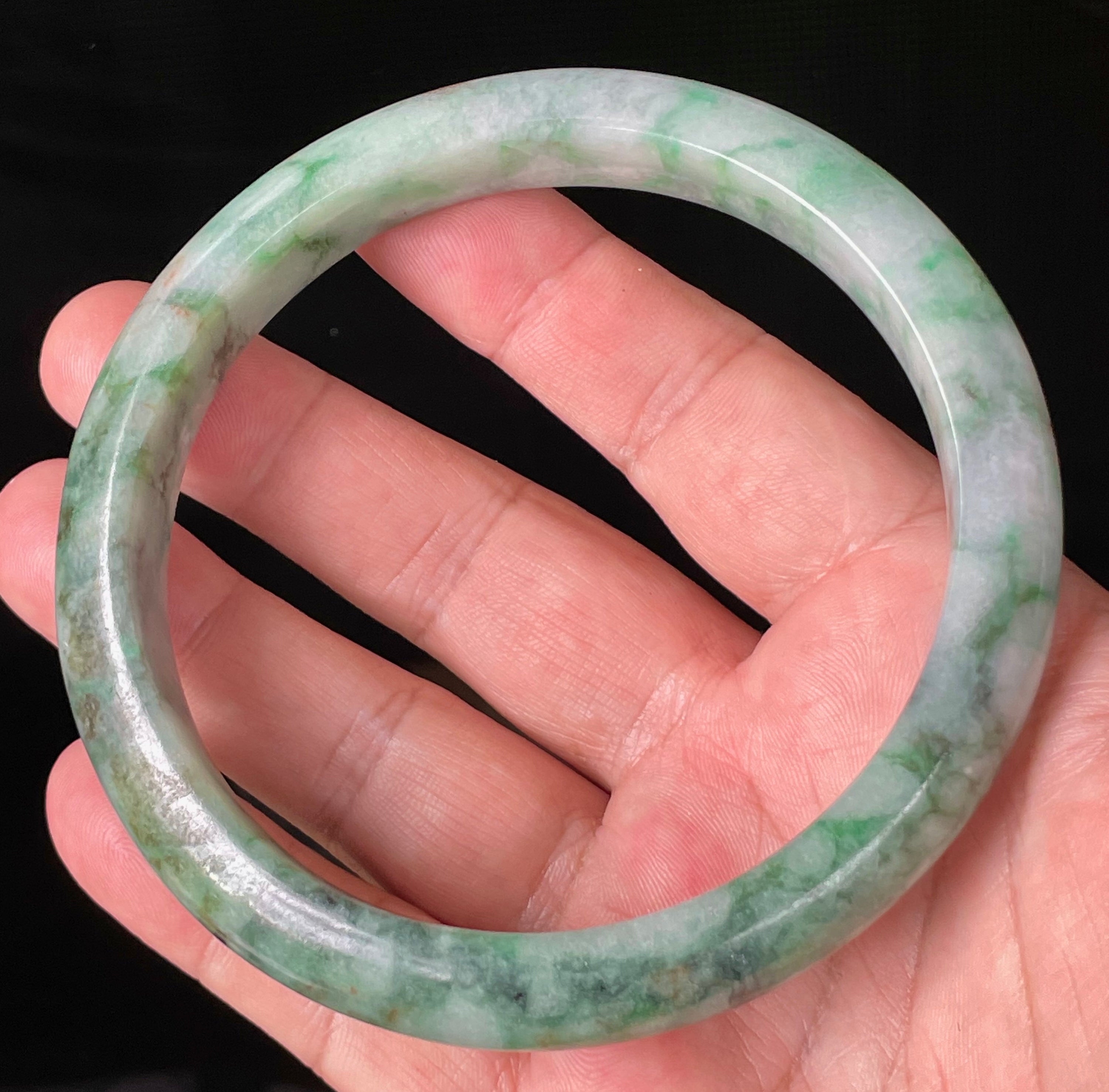 Natural Grade A Certified Burmese Jadeite Jade Bangle – Icy Imperial & Apple Green with Greyish Milky White Hues – Floral Design – 77mm – JB933