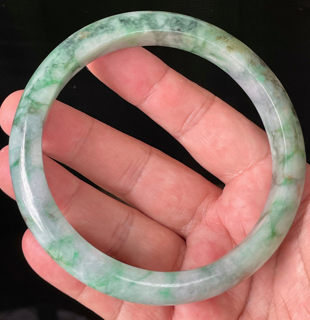 Natural Grade A Certified Burmese Jadeite Jade Bangle – Icy Imperial & Apple Green with Greyish Milky White Hues – Floral Design – 77mm – JB933