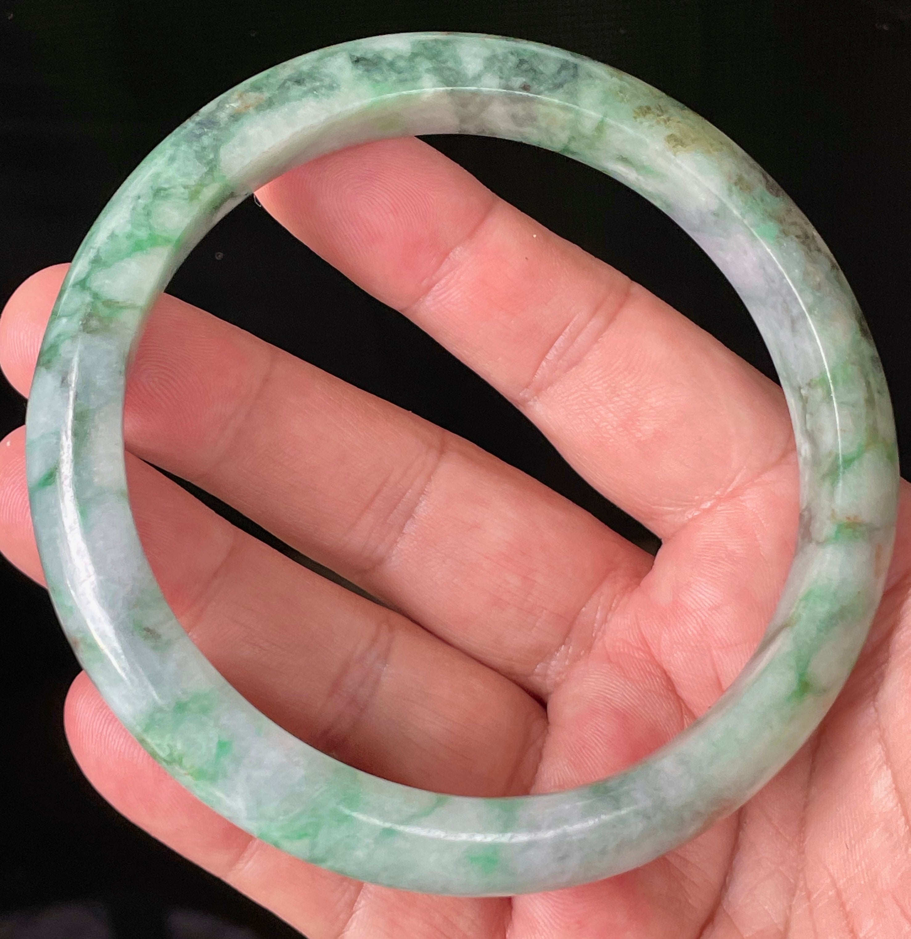 Natural Grade A Certified Burmese Jadeite Jade Bangle – Icy Imperial & Apple Green with Greyish Milky White Hues – Floral Design – 77mm – JB933