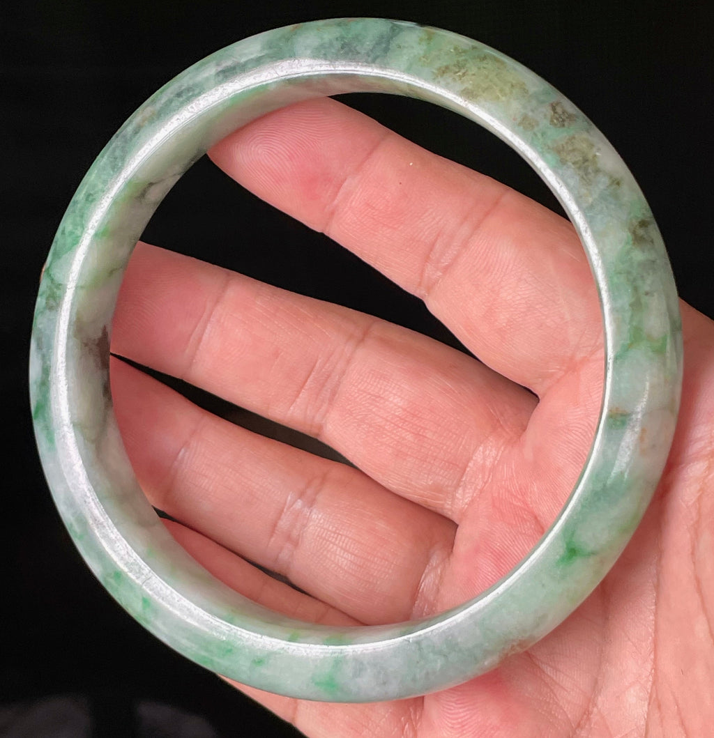 Natural Grade A Certified Burmese Jadeite Jade Bangle – Icy Imperial & Apple Green with Greyish Milky White Hues – Floral Design – 77mm – JB933
