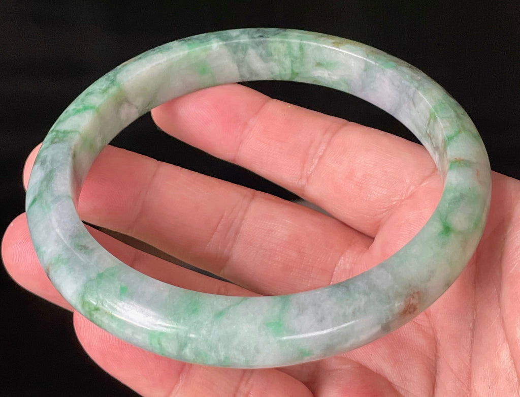 Natural Grade A Certified Burmese Jadeite Jade Bangle – Icy Imperial & Apple Green with Greyish Milky White Hues – Floral Design – 77mm – JB933