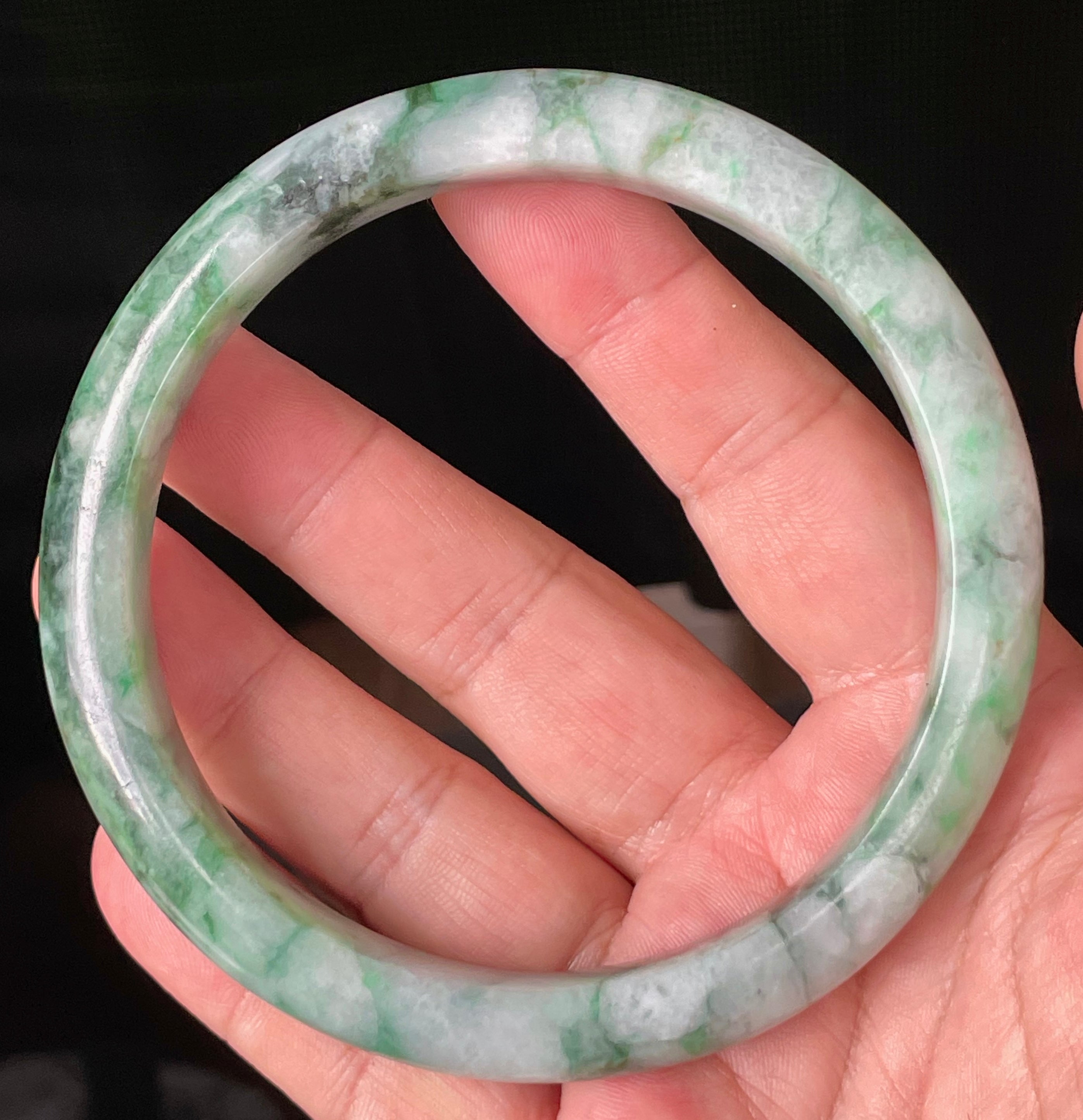 Natural Grade A Certified Burmese Jadeite Jade Bangle – Icy Imperial & Apple Green with Greyish Milky White Hues – Floral Design – 77mm – JB933