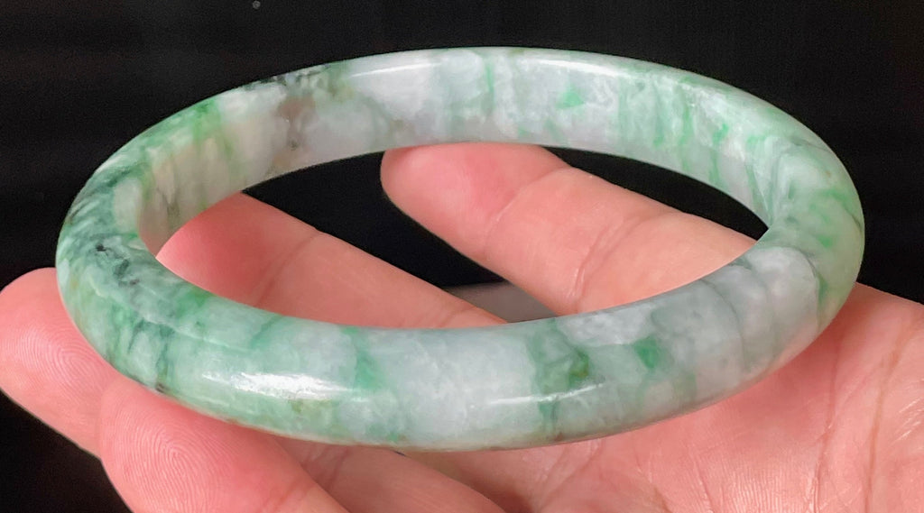 Natural Grade A Certified Burmese Jadeite Jade Bangle – Icy Imperial & Apple Green with Greyish Milky White Hues – Floral Design – 77mm – JB933
