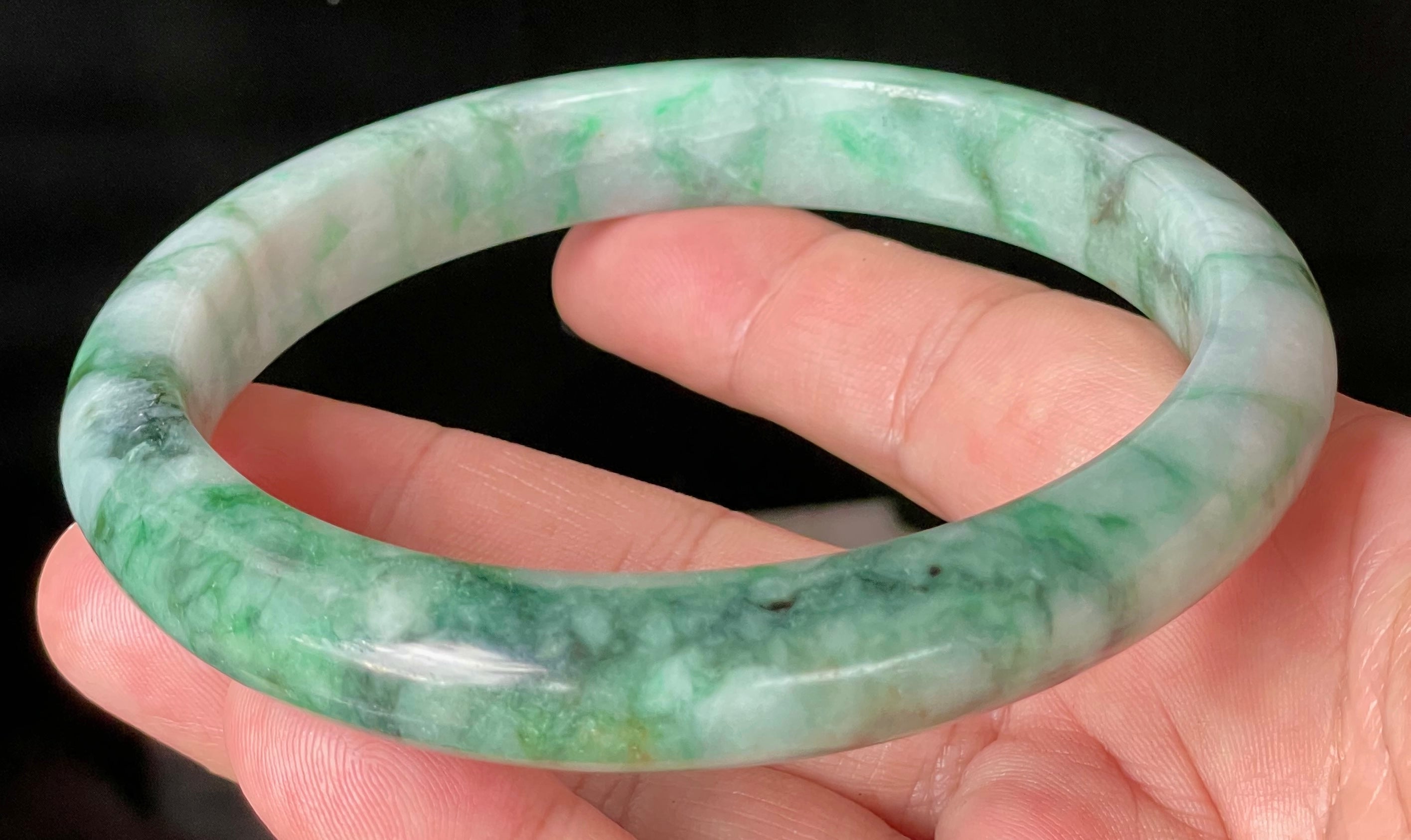 Natural Grade A Certified Burmese Jadeite Jade Bangle – Icy Imperial & Apple Green with Greyish Milky White Hues – Floral Design – 77mm – JB933