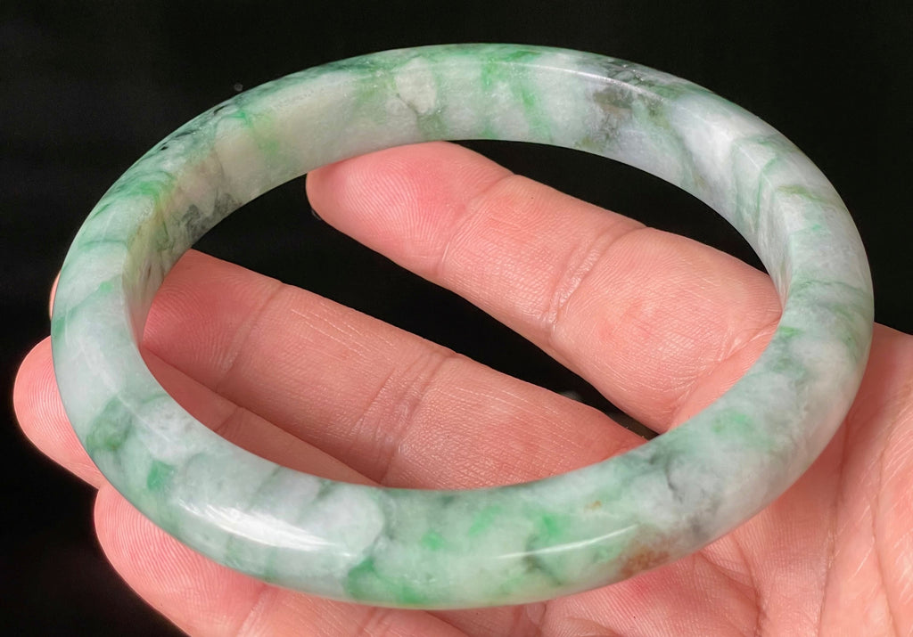 Natural Grade A Certified Burmese Jadeite Jade Bangle – Icy Imperial & Apple Green with Greyish Milky White Hues – Floral Design – 77mm – JB933