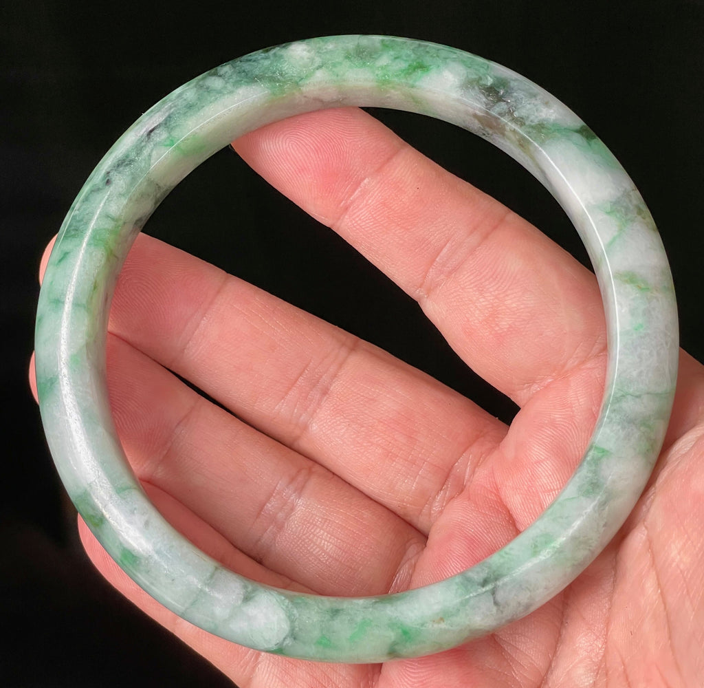 Natural Grade A Certified Burmese Jadeite Jade Bangle – Icy Imperial & Apple Green with Greyish Milky White Hues – Floral Design – 77mm – JB933