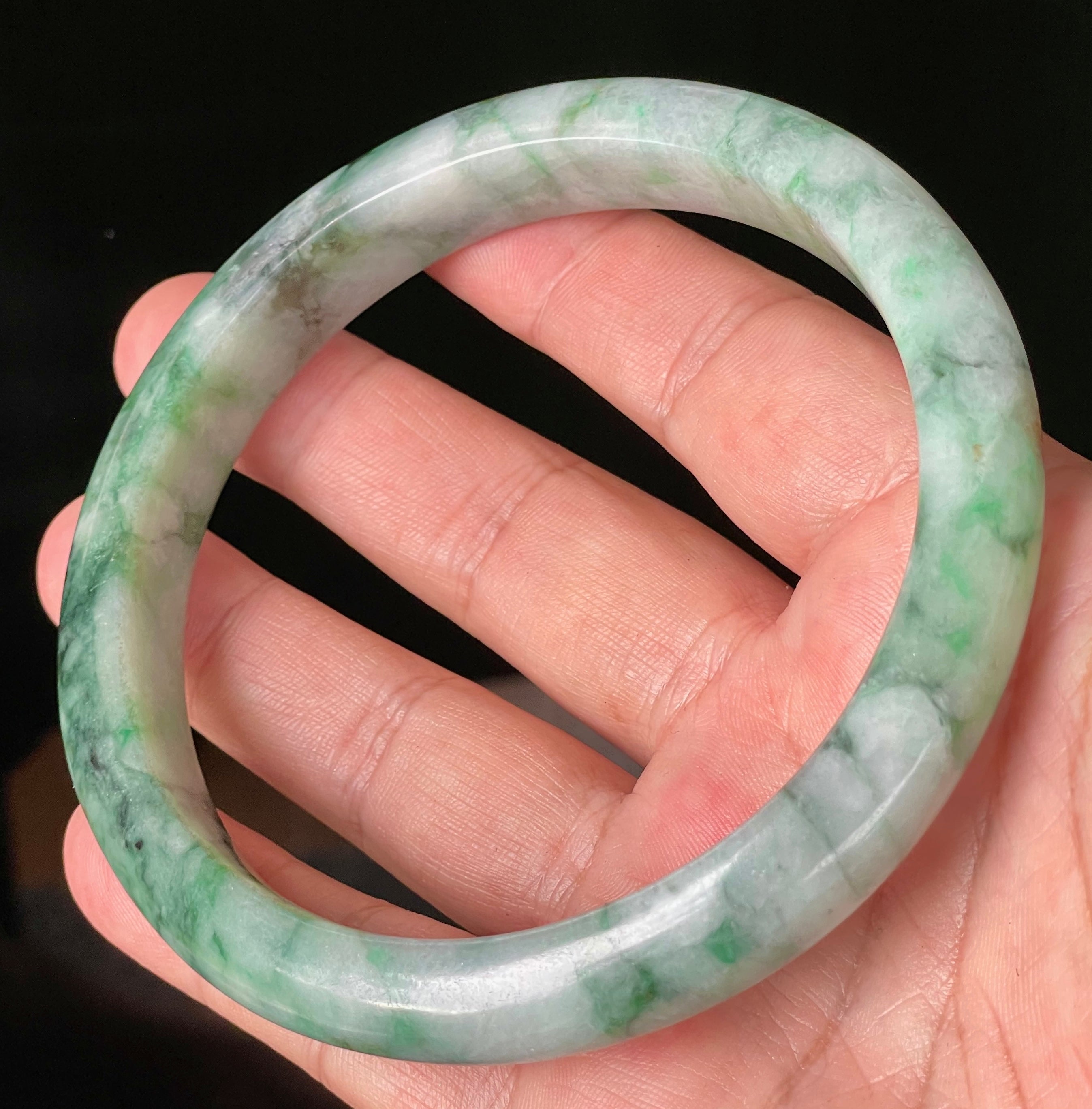 Natural Grade A Certified Burmese Jadeite Jade Bangle – Icy Imperial & Apple Green with Greyish Milky White Hues – Floral Design – 77mm – JB933