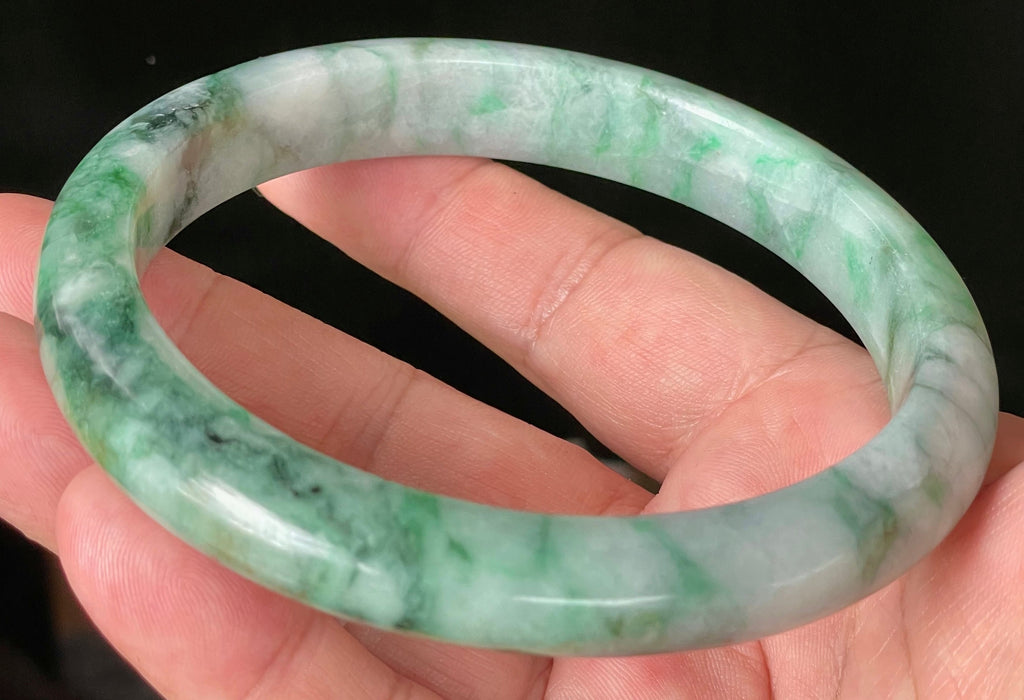 Natural Grade A Certified Burmese Jadeite Jade Bangle – Icy Imperial & Apple Green with Greyish Milky White Hues – Floral Design – 77mm – JB933